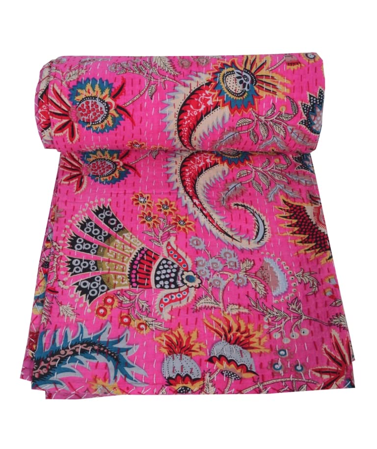 Handmade Indian Kantha Quilt - 100% Cotton Soft Block Print Blanket for Bed, Sofa & Decor | Traditional Throw Bedspread | Twin Size 90x60 Inch Pink | Perfect for Cozy Nights, Guest Rooms & Boho Home Decor