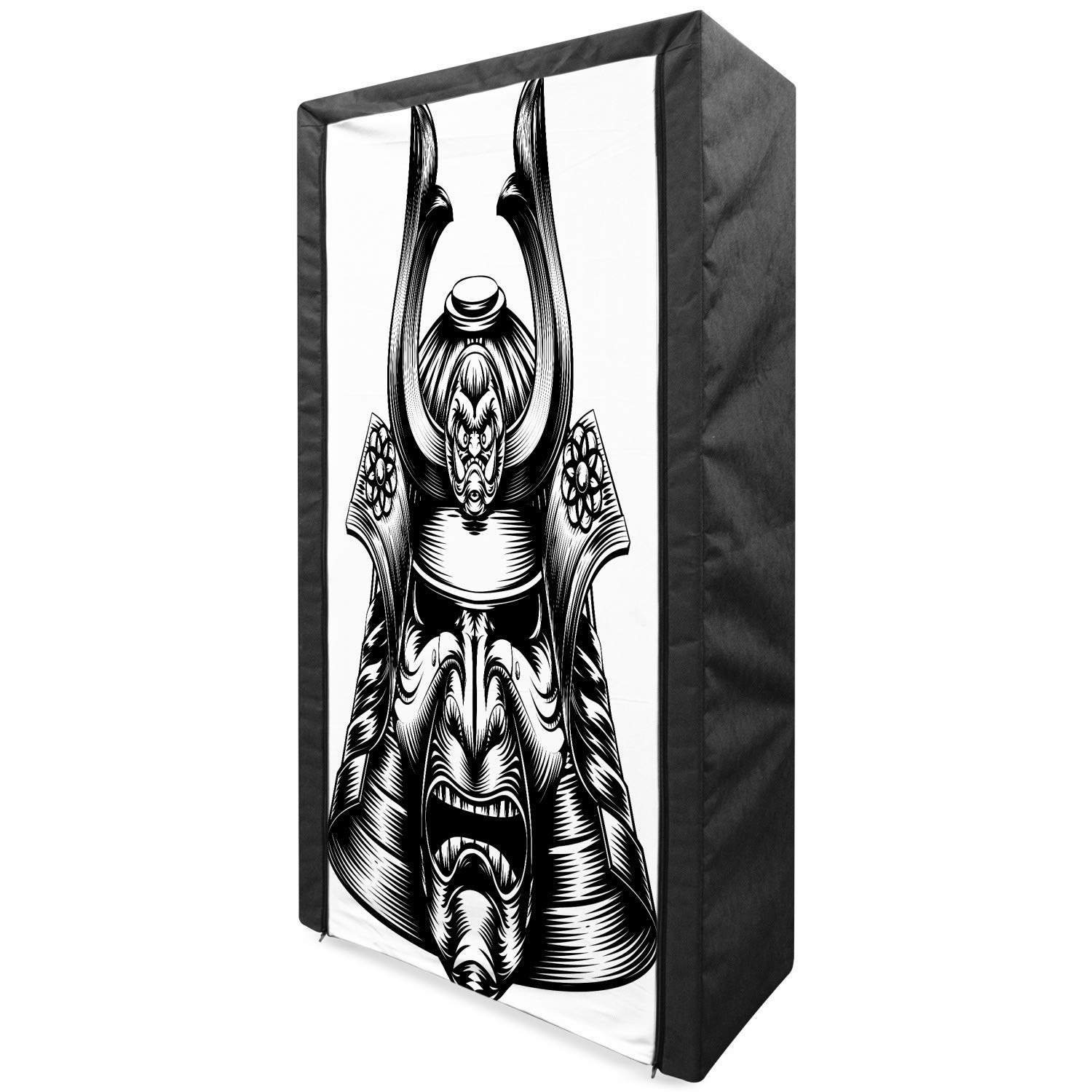 Ambesonne Japanese Portable Fabric Wardrobe - Vintage Oriental Demon Samurai Print Clothing Organizer with Shelves, 33.5 Inch Black & White Storage Closet for Bedroom, Dorm, or Small Space Organization