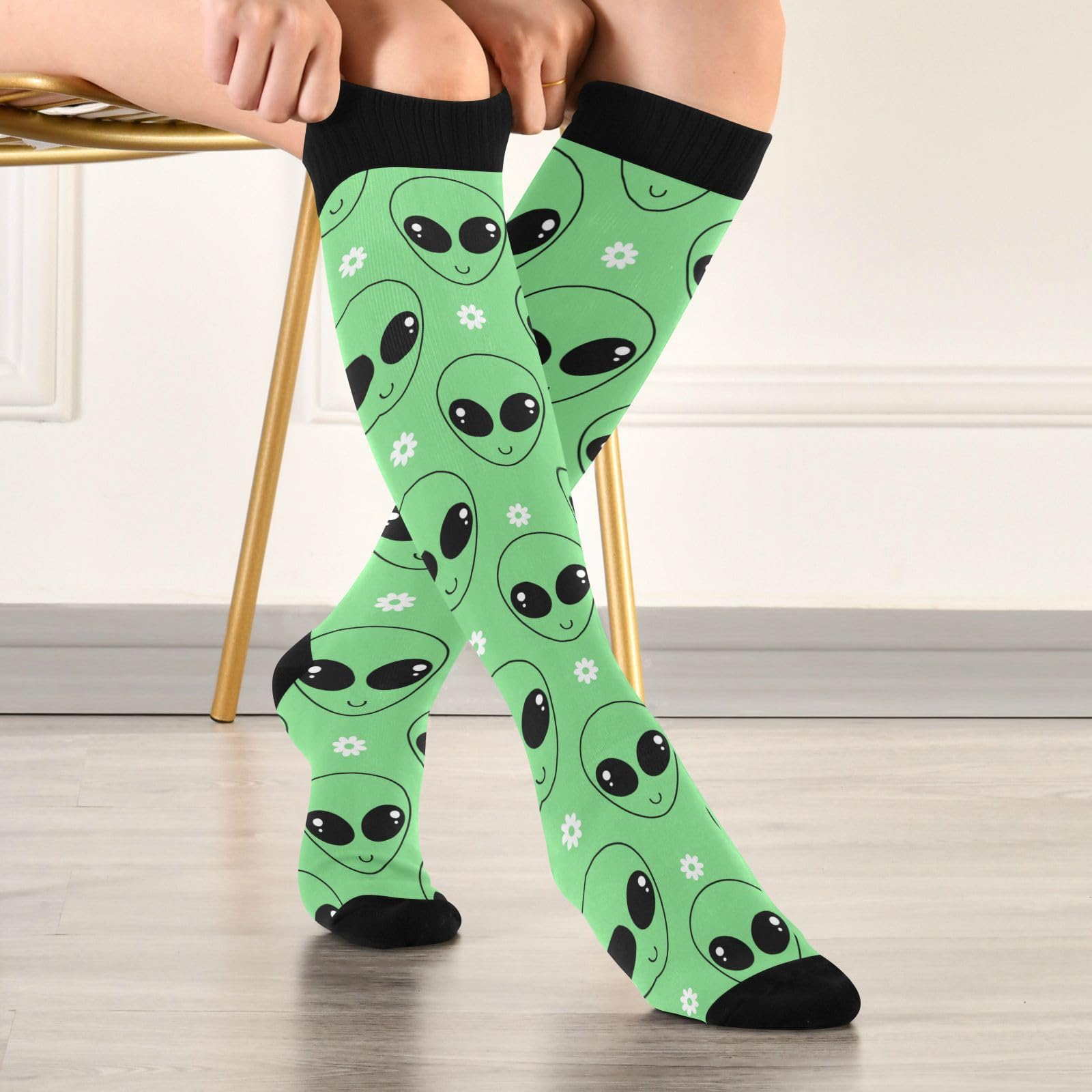 JUNZAN Alien Cartoon Knee High Compression Socks for Men & Kids - Running, Sports & Nurse Socks - One Size Fits Most - Perfect for Workouts, Nursing Shifts & Cosplay