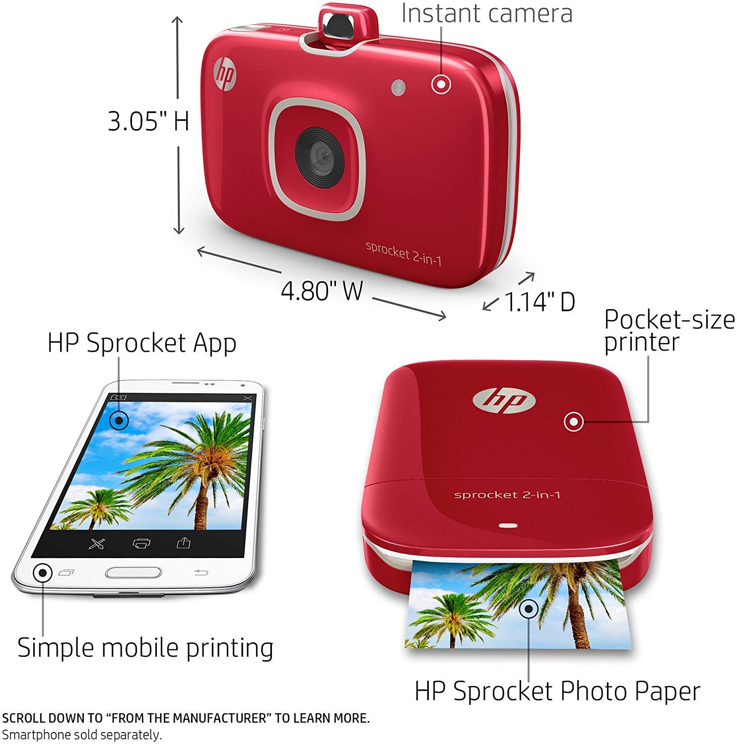 HP Sprocket 2-in-1 Portable Photo Printer & Instant Camera - Print 2x3