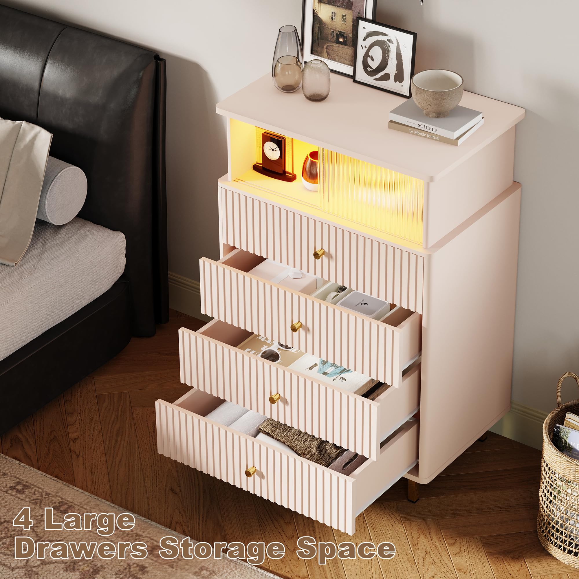 Modern White and Gold 4-Drawer Dresser with LED & Acrylic - Large Capacity Bedroom Storage Organizer for Clothes, Accessories | Perfect for Hallway, Entryway, Nursery (Pink)