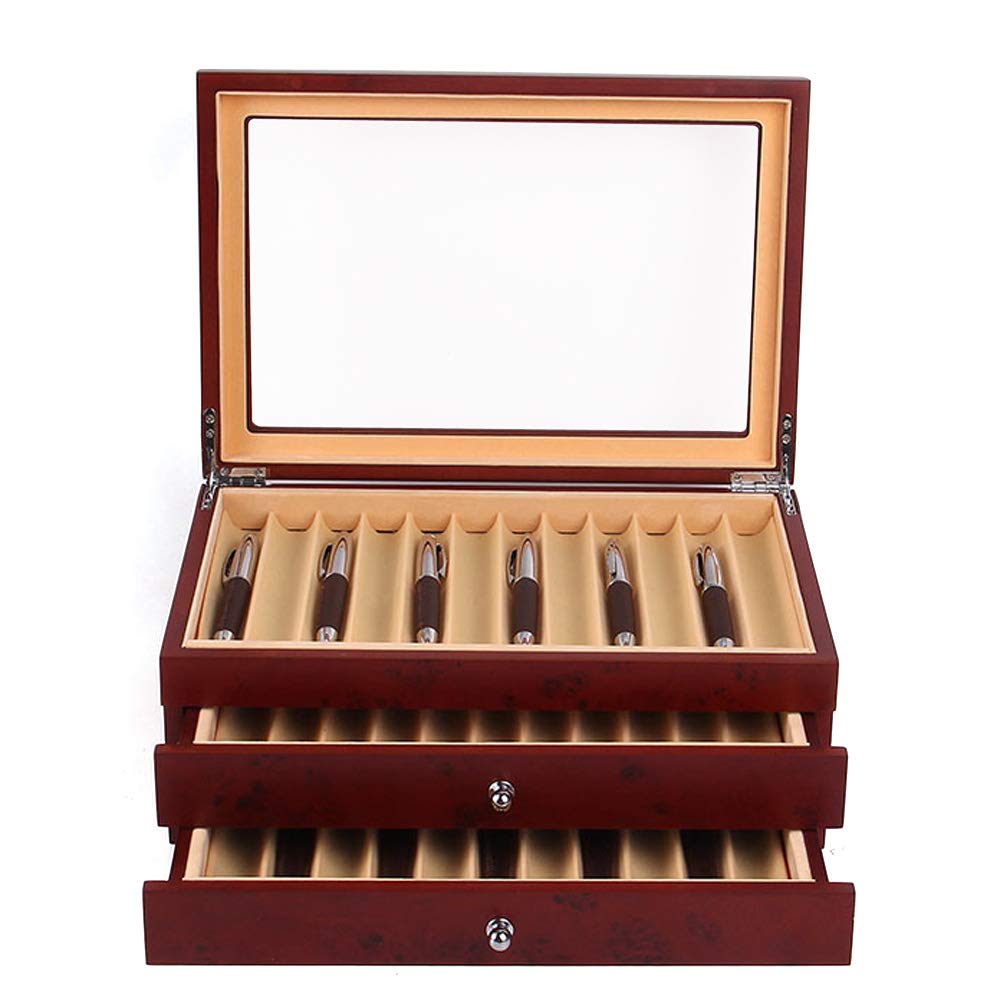 Eapmic 3 Layer Wooden Pen Organizer - 34 Slot Fountain Pen Storage Case with Glass Top Display - Premium Pen Collection Box for Calligraphy & Writing Enthusiasts (Red) - Perfect for Office, Home Desk & Gift Giving