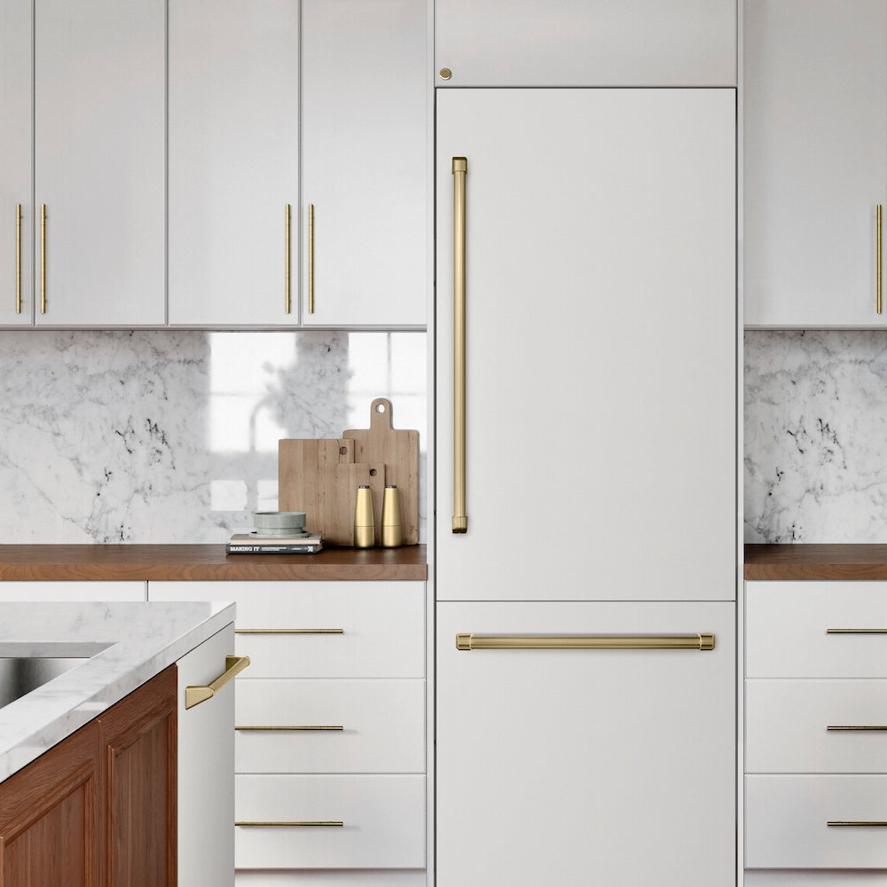 ZLINE Autograph Edition 30-Inch Built-In Bottom Freezer Refrigerator - 16.1 cu.ft Capacity, Water Dispenser & Ice Maker - White Matte Exterior with Graphite Gray Interior & Champagne Bronze Accents (GRBIVZ WM 30 CB) - Perfect for Modern Kitchens, Open-Concept Homes & Luxury Appliances Collection