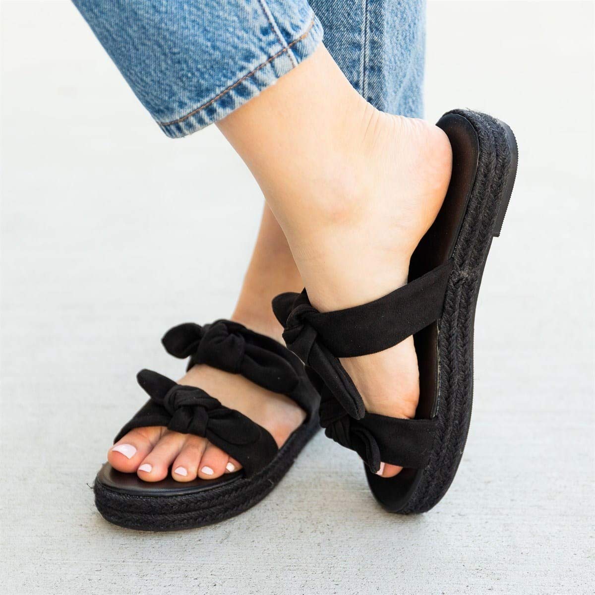 Women's Flat Slide Sandals with Cork Sole & Cute Knot Bow - Breathable Canvas Summer Slides for Beach, Pool, and Casual Outings