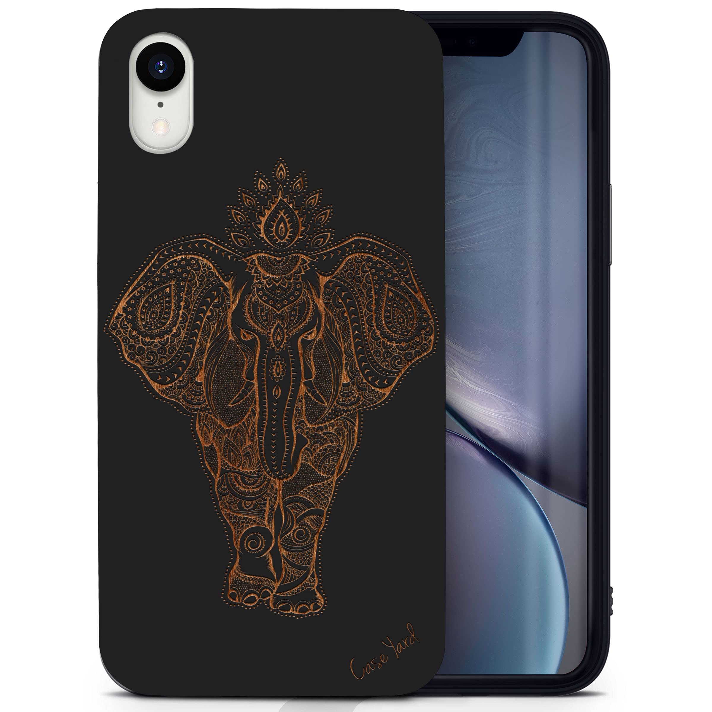 Wooden Phone Case for iPhone XR - Laser Engraved Elephant Indian Design, Black Wood Protective Shockproof Slim Fit Cover for Men & Women | Perfect for Travel, Office & Everyday Use