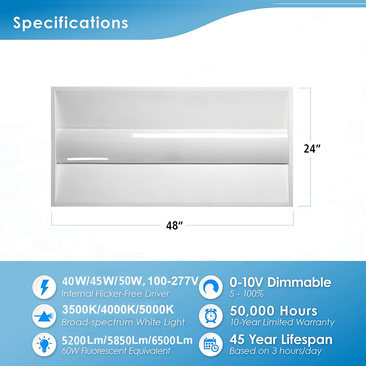 2x4 LED Troffer Light - 5500 Lumens, 30W/50W, 3000K/3500K/4000K/5000K Color Temperature, 120V-277V - Perfect for Office, Warehouse, and Commercial Lighting