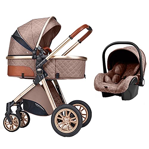 3 in 1 Baby Stroller - Portable Folding Travel Pram with Aluminum Frame, High Landscape Design for Newborns & Toddlers (Khaki) | Perfect for Shopping, Travel & Outdoor Walks