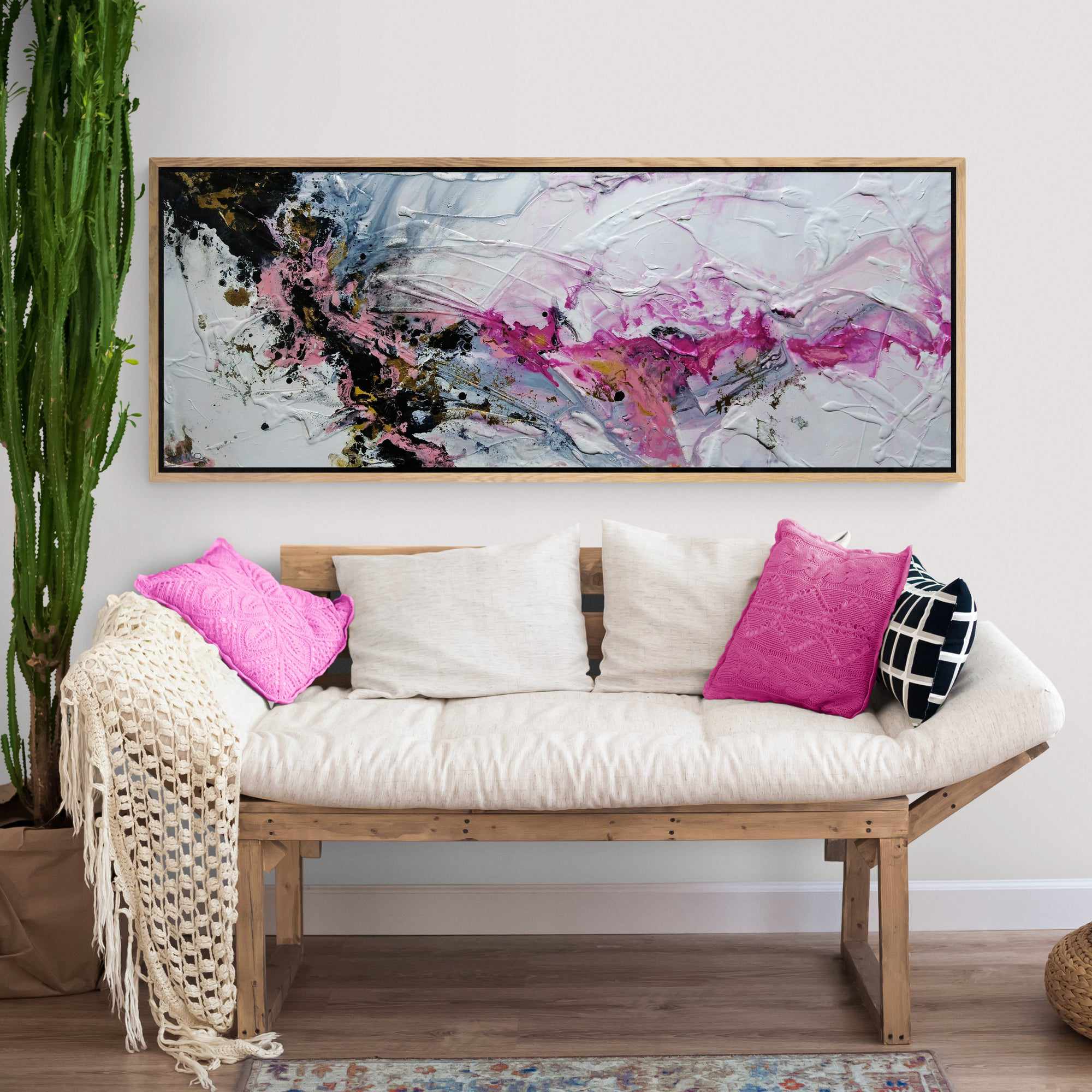 160cm x 60cm Pink and White Textured Abstract Canvas Painting - Modern Wall Art for Living Room, Bedroom, Office Decor