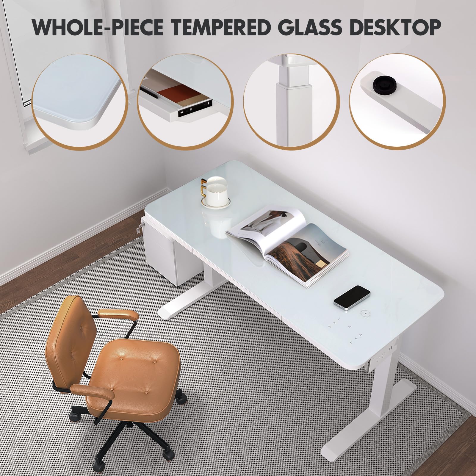 Adjustable Height Glass Standing Desk with Drawers - 45 x 23 Inch, Touch Control, Power Outlet, USB Ports & Wireless Charging - Dual Motor Sit Stand Desk for Home & Office (White) - Perfect for Remote Work, Gaming & Ergonomic Workspaces