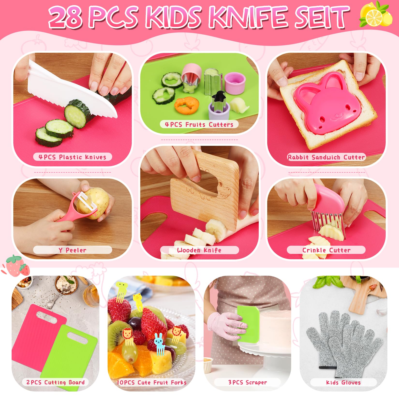 **Montessori Kids Knife Set for Real Cooking - 28PCS Toddler Kitchen Tools with Gloves & Crinkle Cutters - Safe Cooking Toys for Boys & Girls Ages 3-10 - Perfect Birthday Gift for Little Chefs - Ideal for Baking, Salad Prep & Montessori Learning Activities**