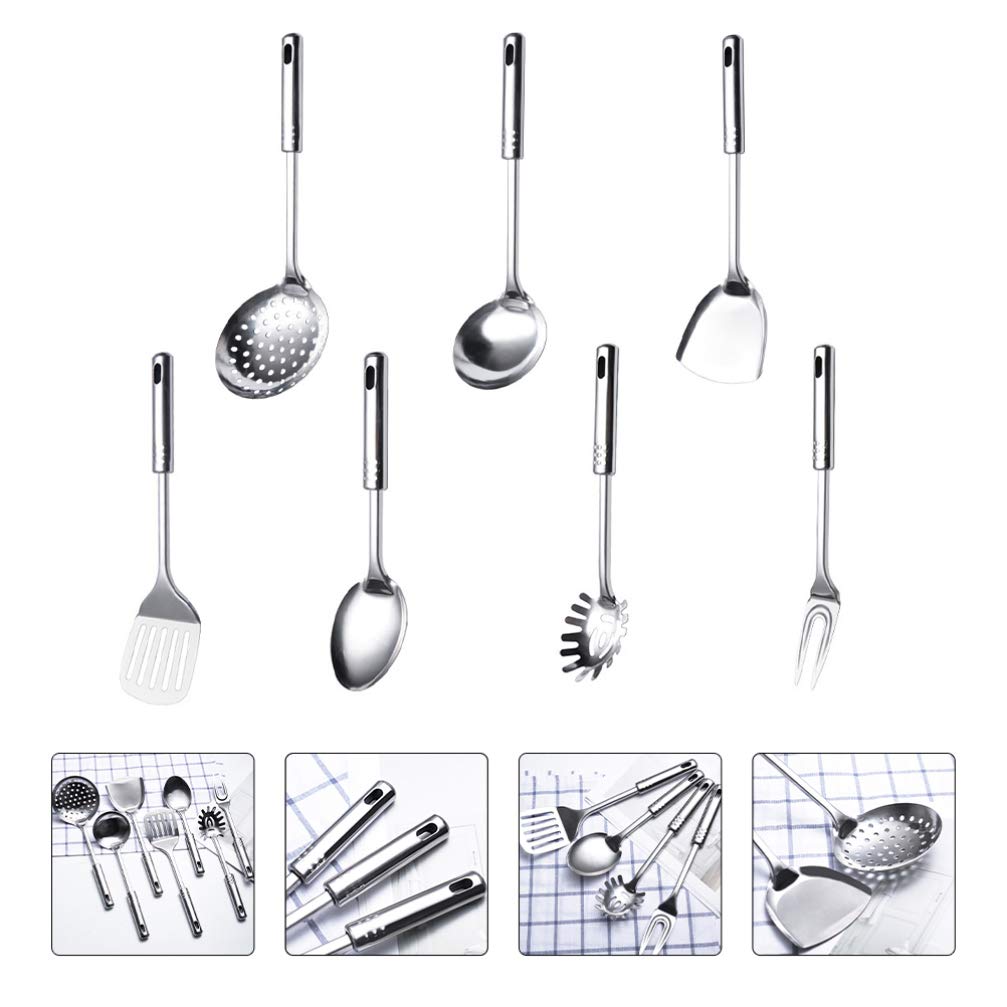 7-Piece Stainless Steel Kitchen Utensil Set - Meat Fork, Colander, Soup Ladle & Cooking Tools for Baking, Grilling & Food Prep | Durable Cookware Gadgets for Home Chefs