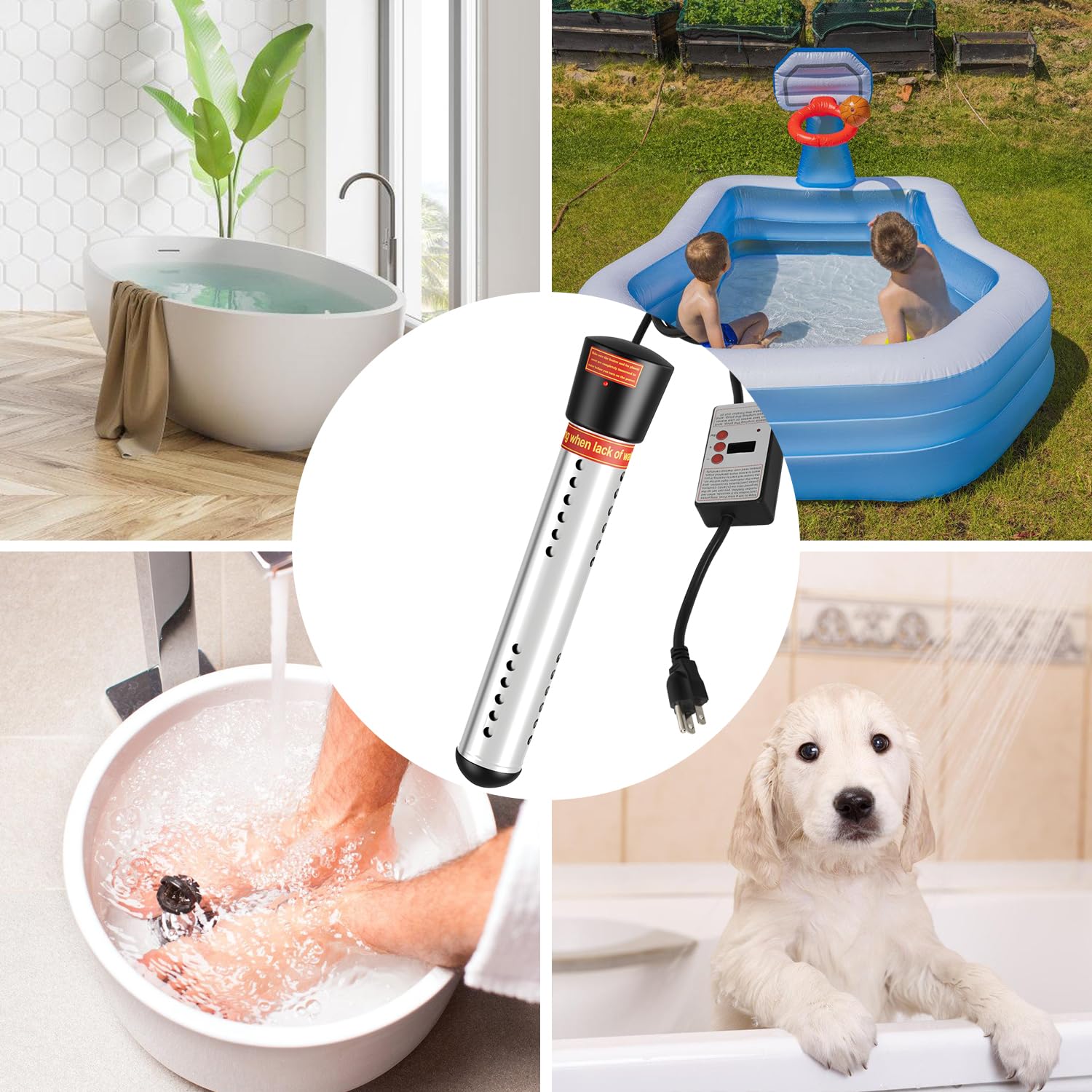 2000W Stainless Steel Immersion Water Heater with Digital LCD Thermometer - Bucket Heater for Pool, Bathtub, Inflatable Pool | Fast Heating for Home, Camping & Outdoor Use