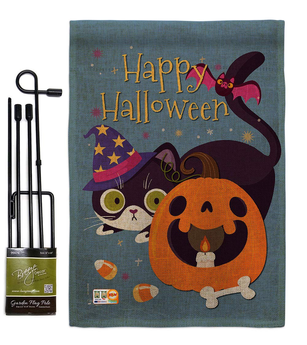 Witchy Cat Burlap Garden Flag - Halloween Decor for Yard & Home