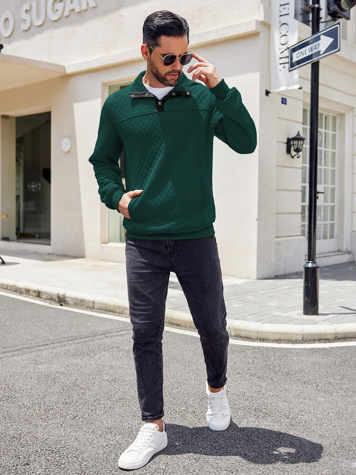 COOFANDY Men's Quilted Quarter Sweatshirt - Long Sleeve Mock Neck Waffle Pullover with Pockets | Casual Polo Shirt for Outdoor Activities, Work & Travel