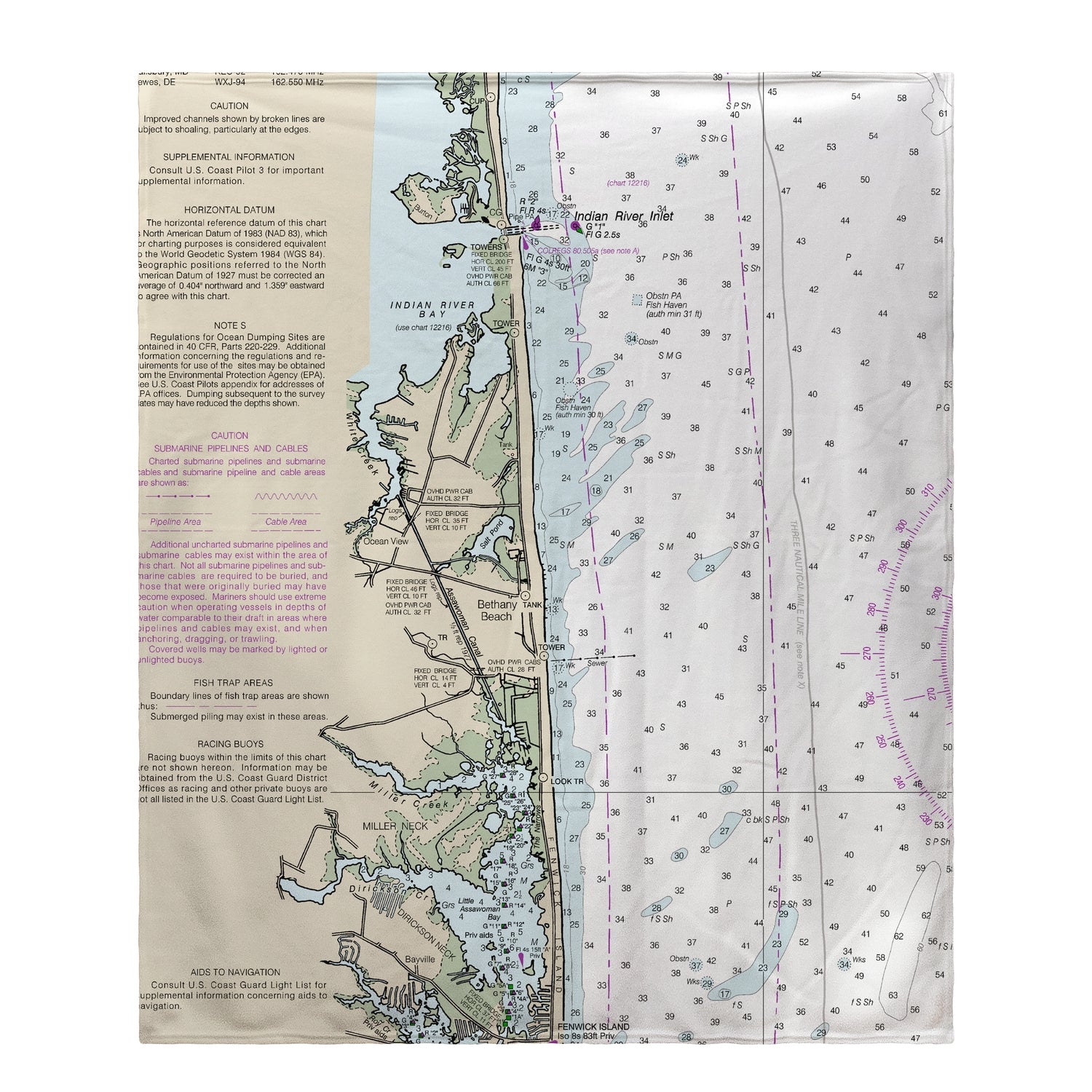 Nautical Map Fleece Throw Blanket - Bethany Beach, DE Coastal Decor | Perfect for Beach House, Boat, or Cozy Home Use