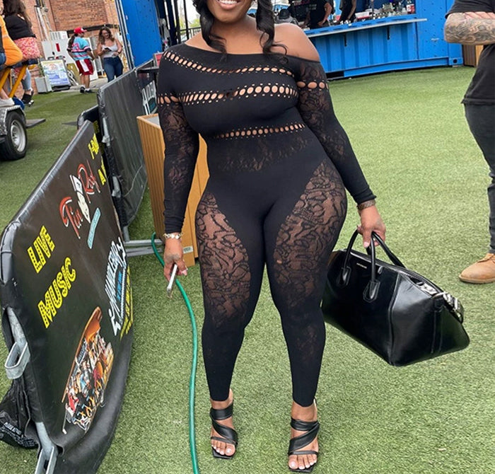 Sexy Hollow Knit Jumpsuit for Women - Stylish & Comfortable One-Piece Outfit for Night Out, Party, or Date Night
