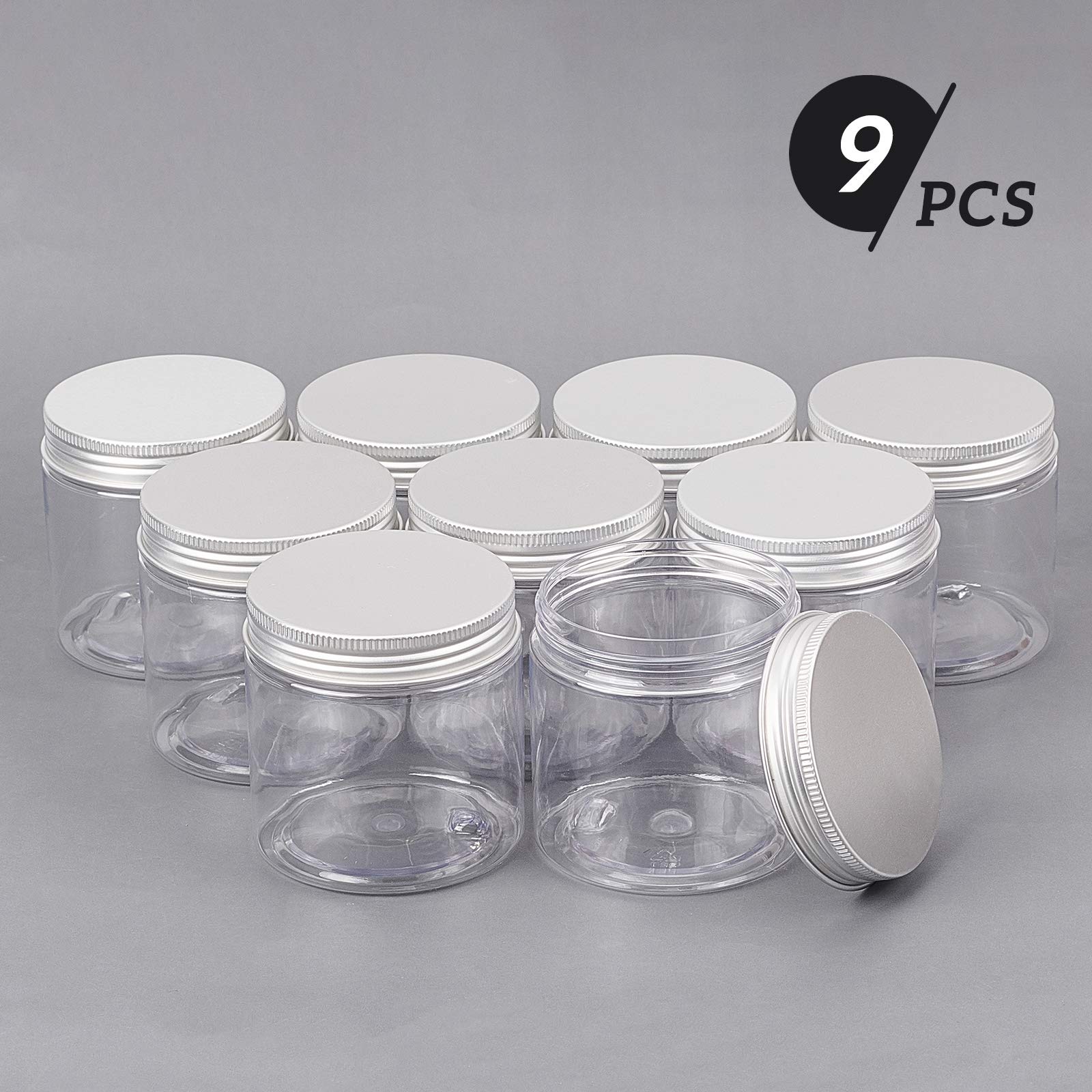 BENECREAT 9 Pack 6.7oz Large Clear PET Plastic Storage Jars with Airtight Aluminum Lids - Reusable Food Grade Containers for Cosmetics, Beads, DIY Crafts, Dry Food & Snacks - Perfect for Kitchen Pantry, Bathroom Organization & Craft Room Storage