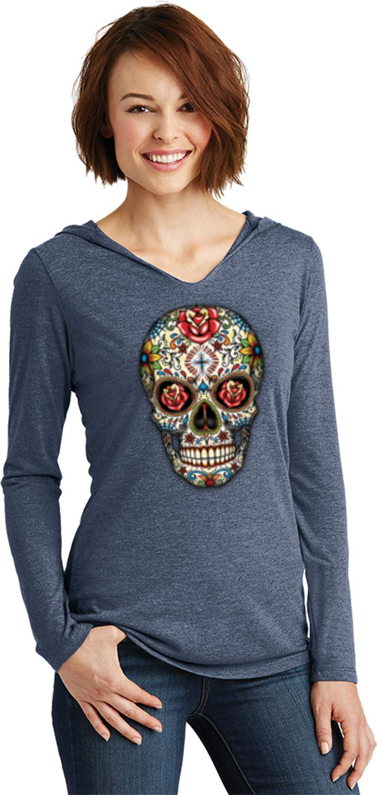 Women's Halloween Sugar Skull with Roses Tri-Blend Hoodie - Soft & Stylish Pullover for Costume Parties, Trick or Treating & Spooky Season Outfits