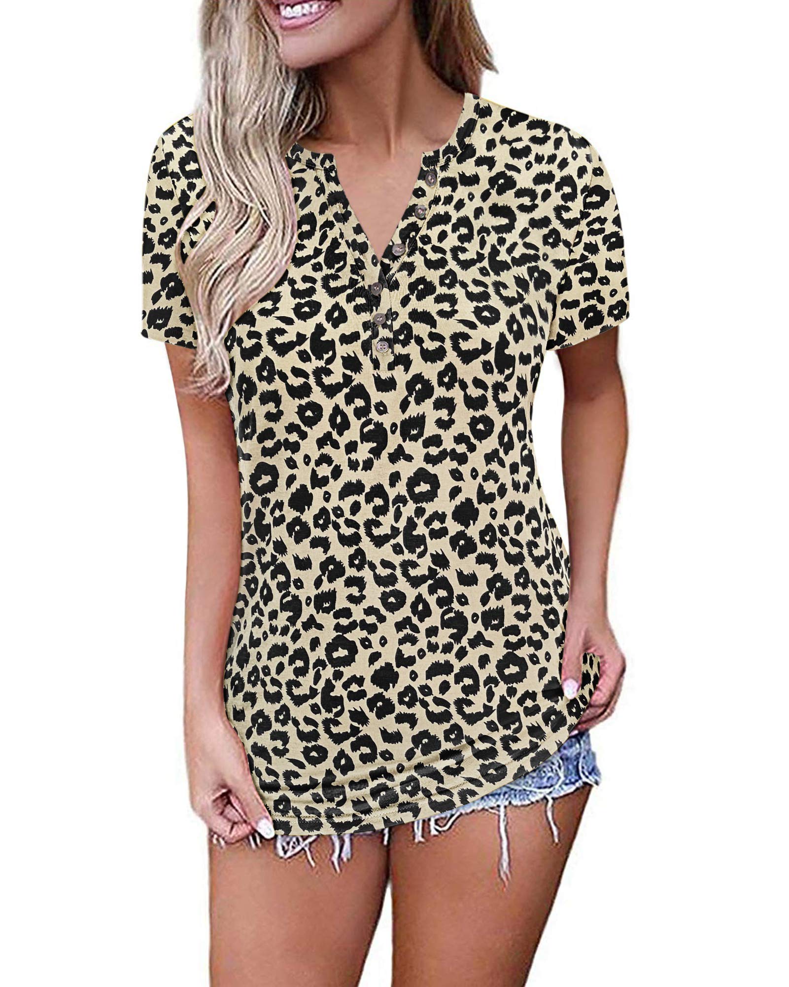MISFAY Women's Summer Short Sleeve Henley Tops - Casual V-Neck Button Up Blouse for Everyday Wear, Office & Weekend Outings