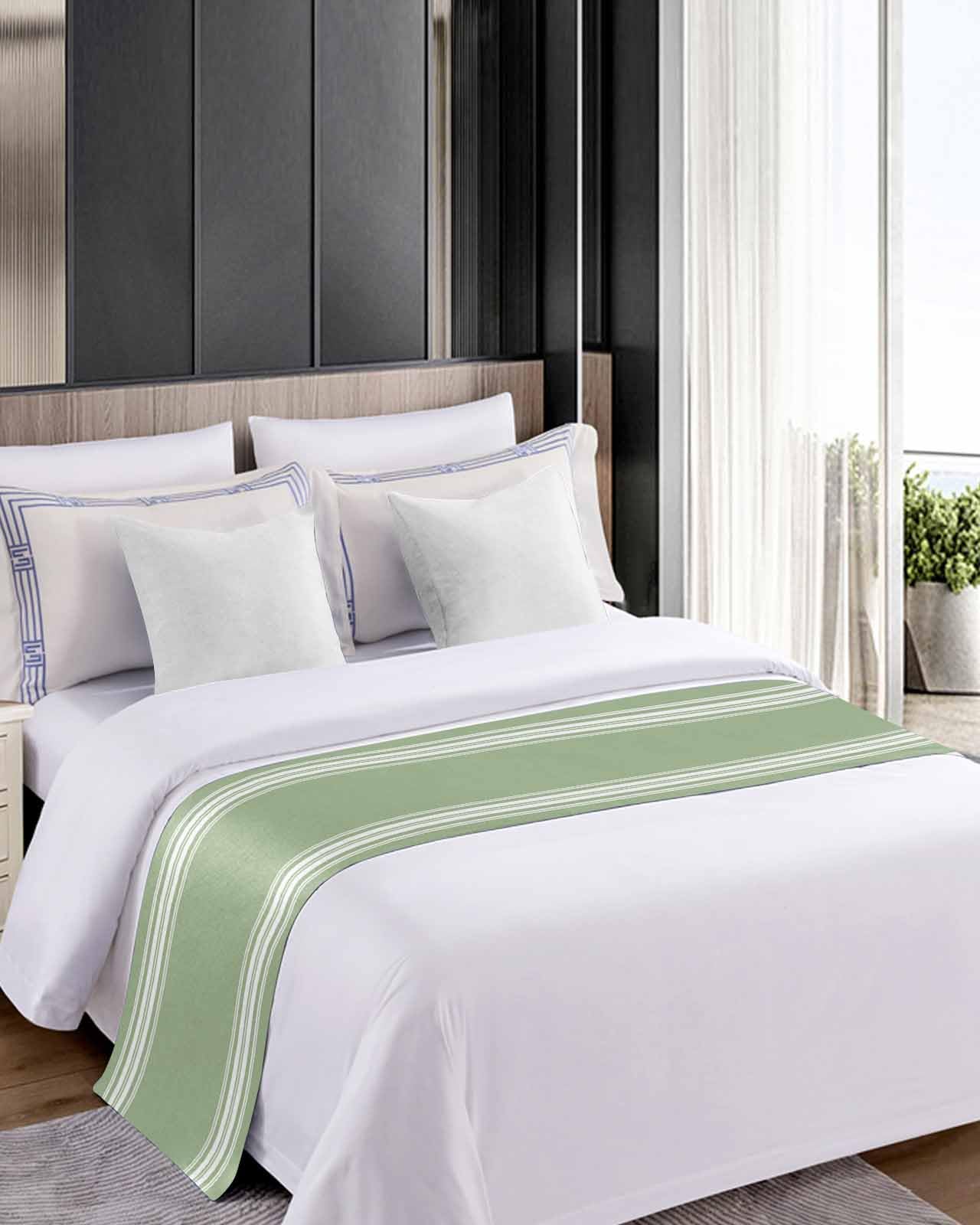 Sage Green Bed Runner for Full/Queen Size Bed - Farmhouse Striped Bedspread Protector, Slipcover Bed Scarf - 83x20 Inches - Perfect for Bedroom, Hotel, Wedding Room Decor & Foot of Bed Styling