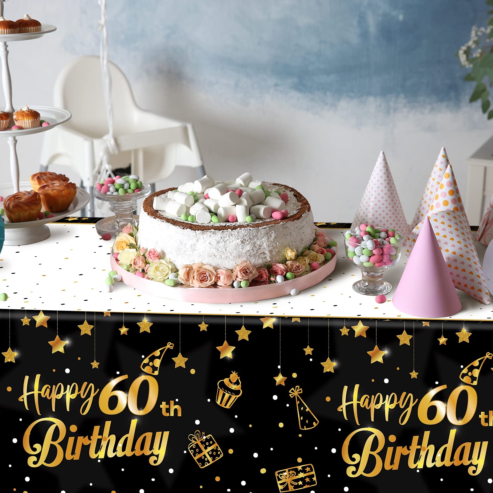 Ruisita 2 Pack Black Gold 60th Birthday Tablecloth - Elegant Rectangular Party Table Cover for Indoor & Outdoor Celebrations, Anniversaries, and Special Events
