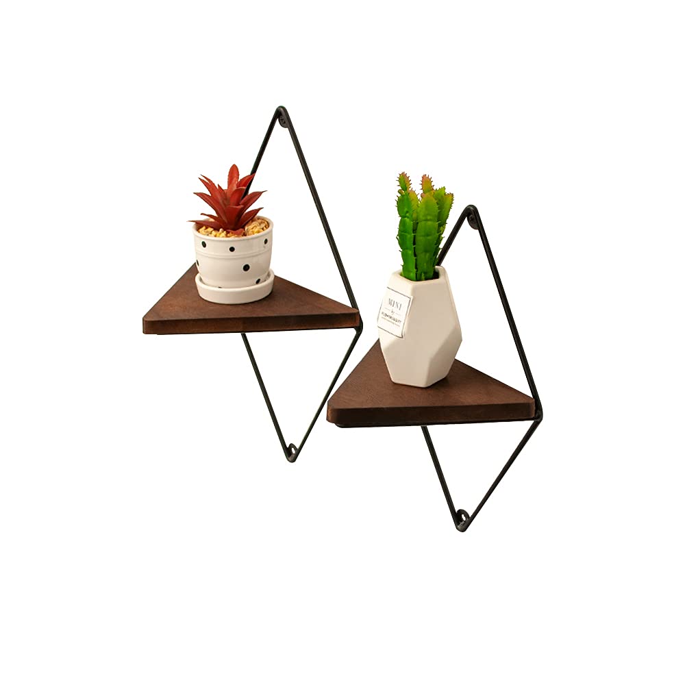 Set of 2 Floating Wood Triangle Shelves - Rustic Oak Finish Wall Decor for Farmhouse Style, 10 Inch Dark Brown - Perfect for Bathroom Storage, Kitchen Spice Rack, or Living Room Display