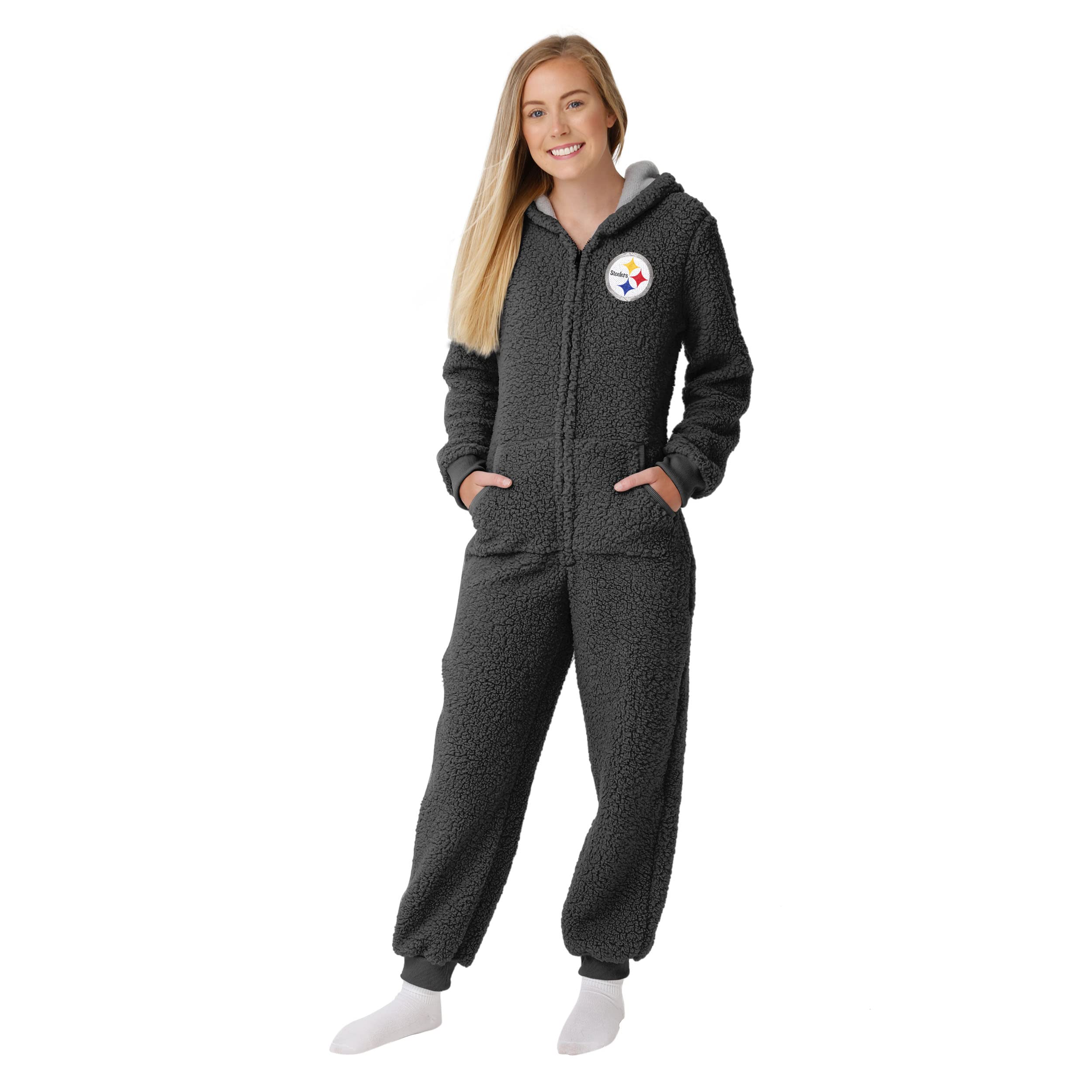 FOCO Women's NFL Team Logo Sherpa Onesie - Cozy One-Piece Lounge Pajamas for Football Fans | Perfect for Game Day, Winter Nights & Relaxing at Home