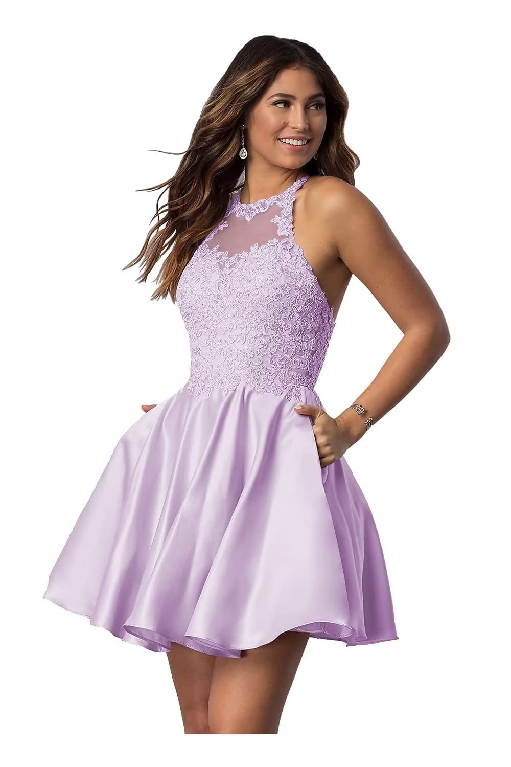 Elegant Lace Applique Short Homecoming Dresses with Pockets | Halter Prom Dresses for Teens | 2022 Satin Cocktail Party Dresses | Perfect for School Dances, Formal Events & Special Occasions