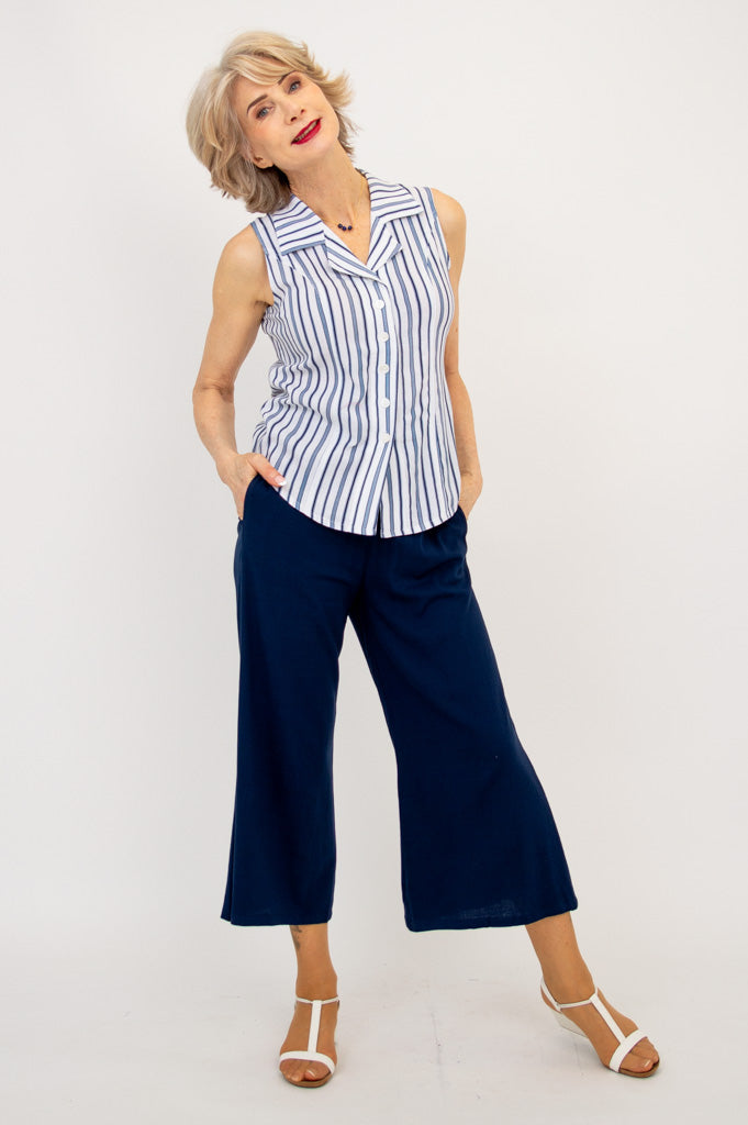 Lexa Tank Top - Indigo Stripe Bamboo Linen Blend Women's Shirt - Perfect for Yoga, Beachwear & Summer Casual Outfits