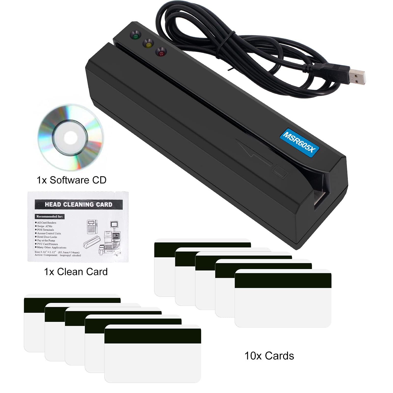 MSR605X USB Magnetic Card Reader Writer Swipe Encoder - 3 Tracks with 10 Blank Cards - Compatible with Windows & Mac OS (MSR206 MSR605) - Ideal for Hotel Key Cards, Membership Cards & Access Control Systems