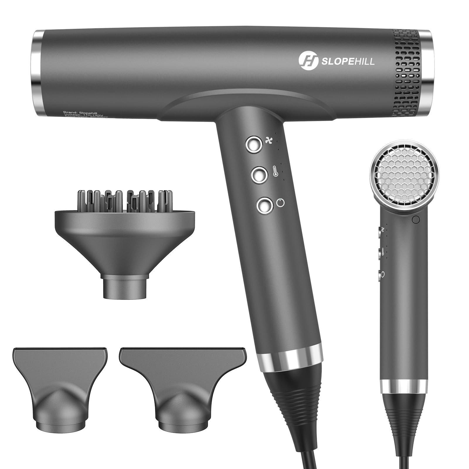 Slopehill Professional Ionic Hair Dryer with Diffuser - Lightweight Compact Salon Blow Dryer with High Speed Brushless Motor - Fast Drying for Women & Men (Ceramic, Dark) - Perfect for Travel, Home & Salon Use