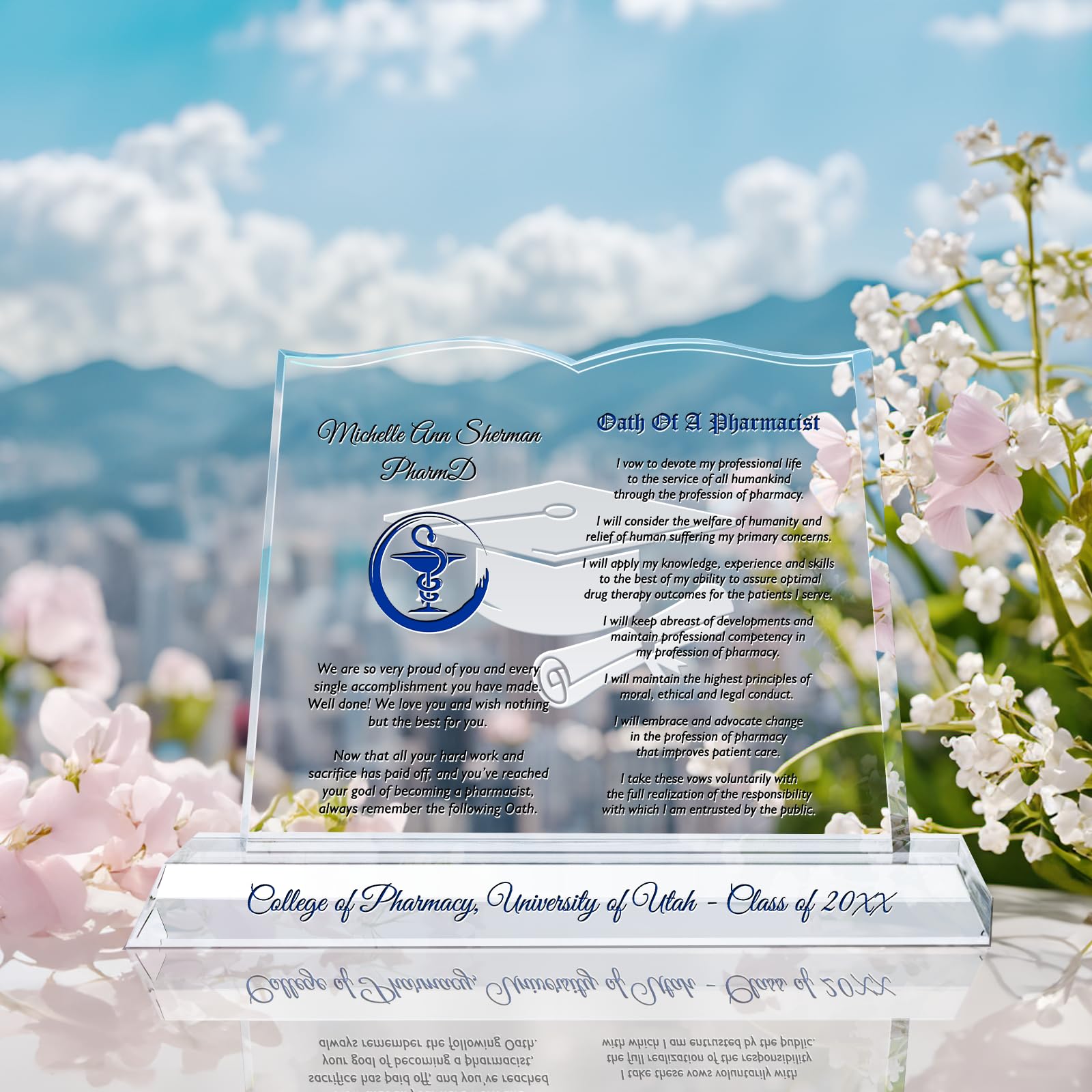 Personalized Crystal Book Shaped Pharmacy School Graduation Plaque - Custom Engraved with Name & Degree Details - Unique Pharmacist Gift for Son or Daughter (12 Inch) - Perfect for Graduation Ceremony, Office Display or Home Decor