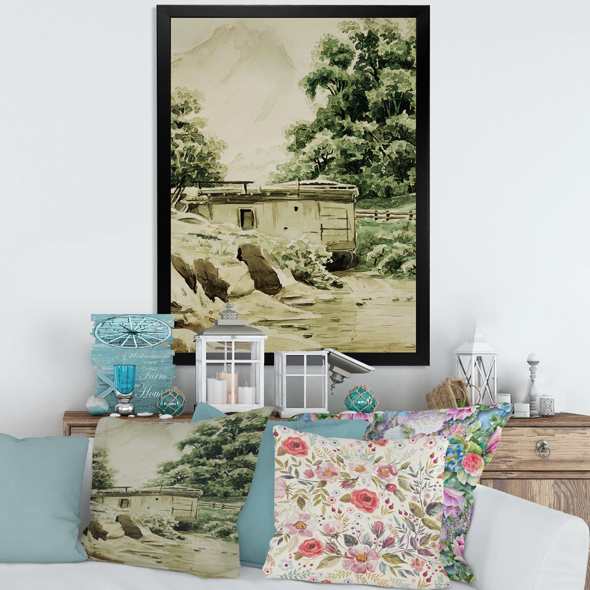 Mountain Cabin & Lodge Framed Wall Art - Rustic Home Decor for Living Room, Bedroom & Office - Scenic Nature Landscape Painting for Cabin, Farmhouse or Vacation Home