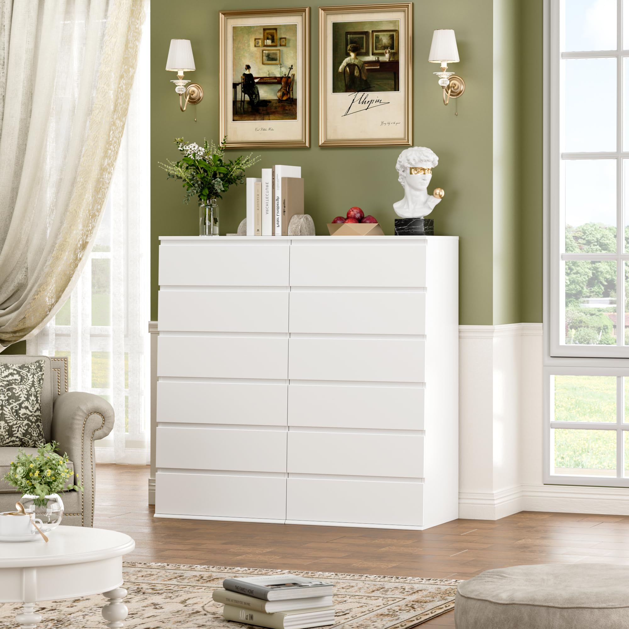FOTOSOK White 6-Drawer Dresser - Modern Tall Storage Cabinet with Metal Sliding Rails, Handleless Wooden Drawers for Bedroom & Office Organization | Large Capacity Vertical Dresser for Clothes, Linens & Home Storage
