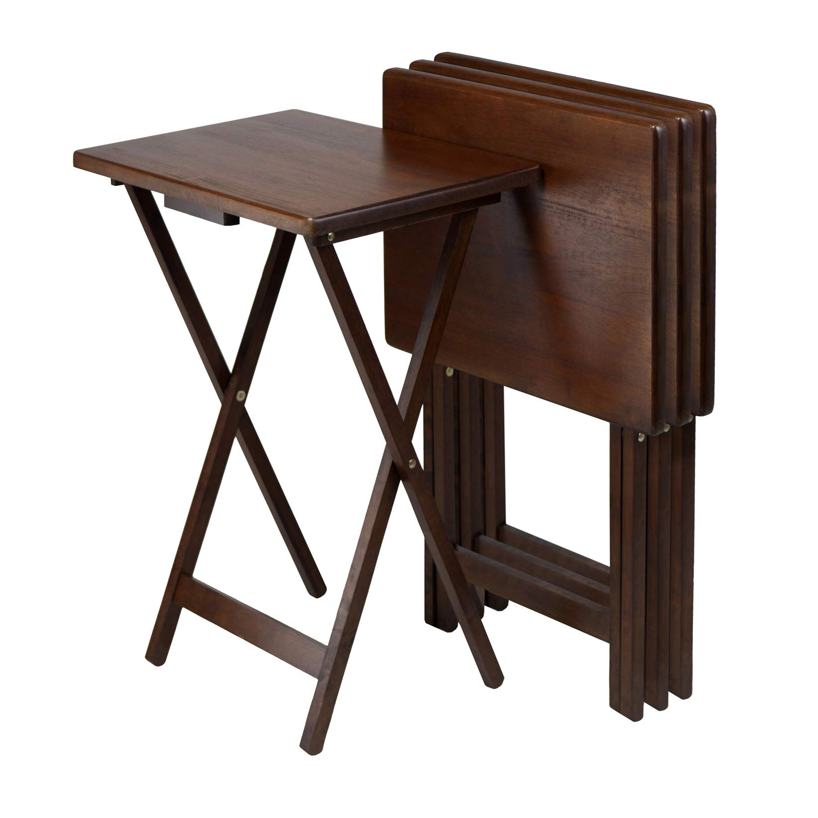 Set of 4 Antique Walnut Folding Snack Tables - 25.75 Inch Contemporary Side Tables for Living Room, Bedroom, or Patio - Space-Saving Small Coffee Tables for Snacks, Drinks, and Decor