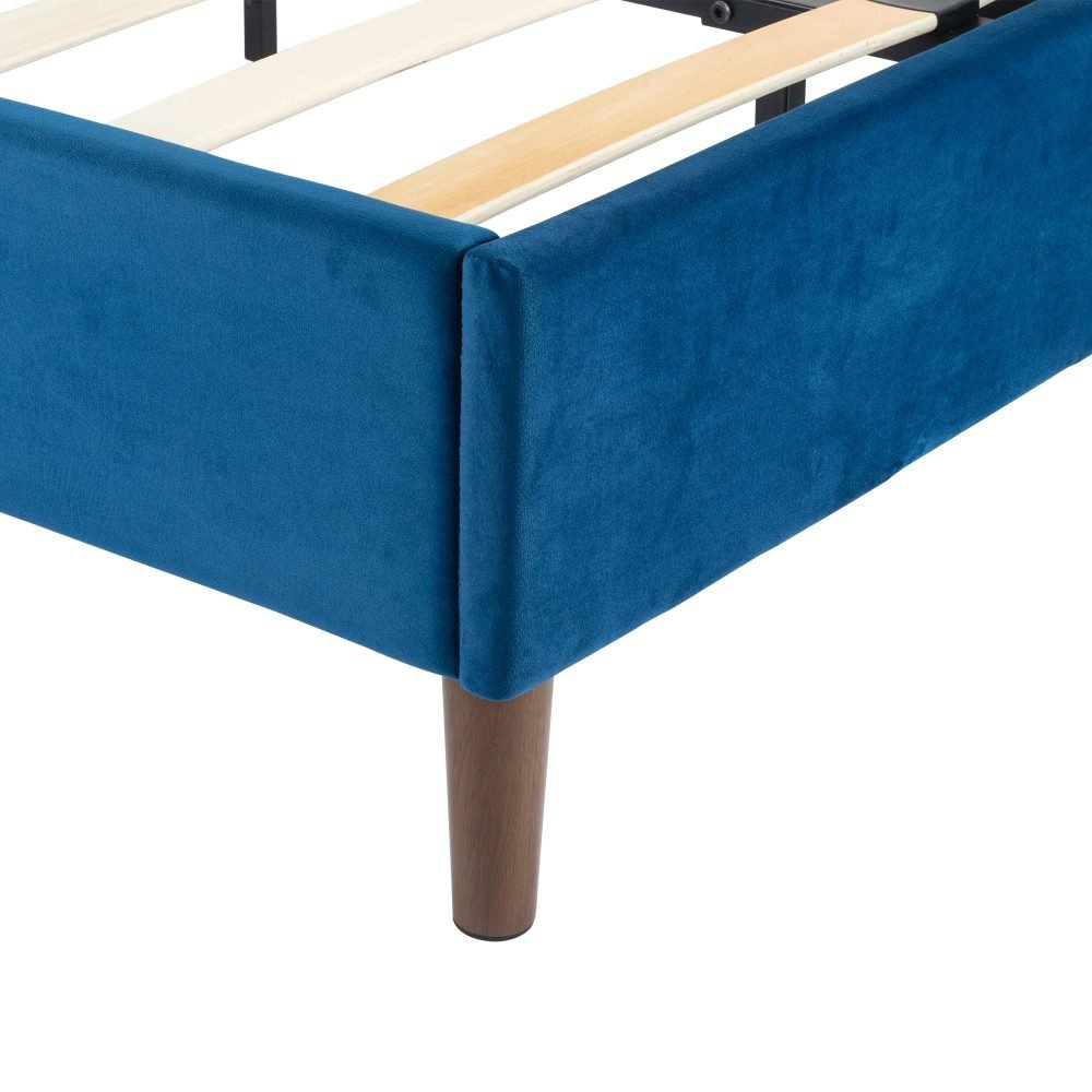 Alexandra Queen Bed Frame with Upholstered Velvet Headboard - Luxurious Blue Fabric - Perfect for Master Bedroom, Guest Room, or Apartment Decor