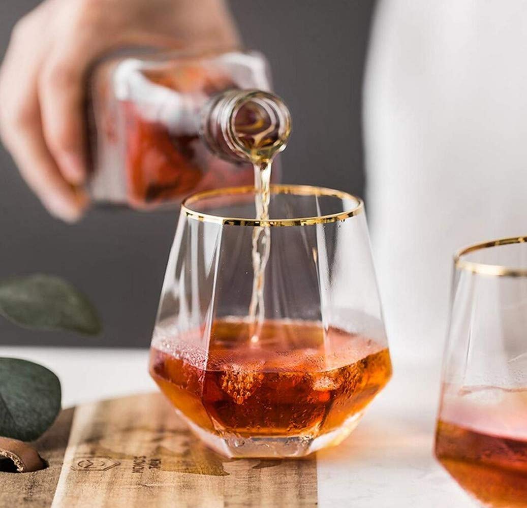 Hexagonal Crystal Glass Whiskey & Wine Glasses - Set of 4 Stemless Tumblers for Home, Bar, Camping & Outdoor Entertaining