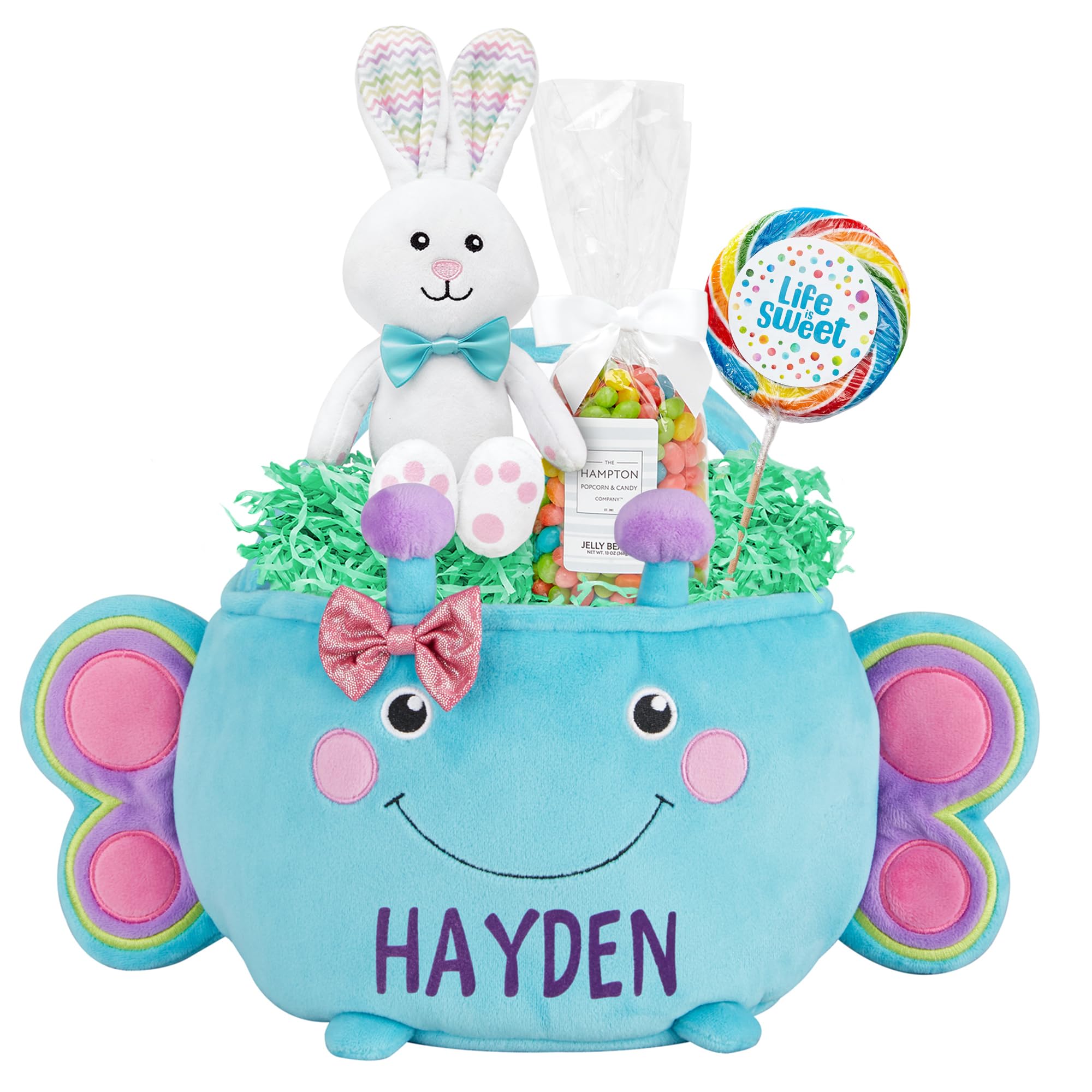 Personalized Easter Basket for Kids - Custom Name Plush Bunny with Fillable Basket - Easter Gift for Boys & Girls - Butterfly Theme - Perfect for Easter Egg Hunts & Spring Celebrations