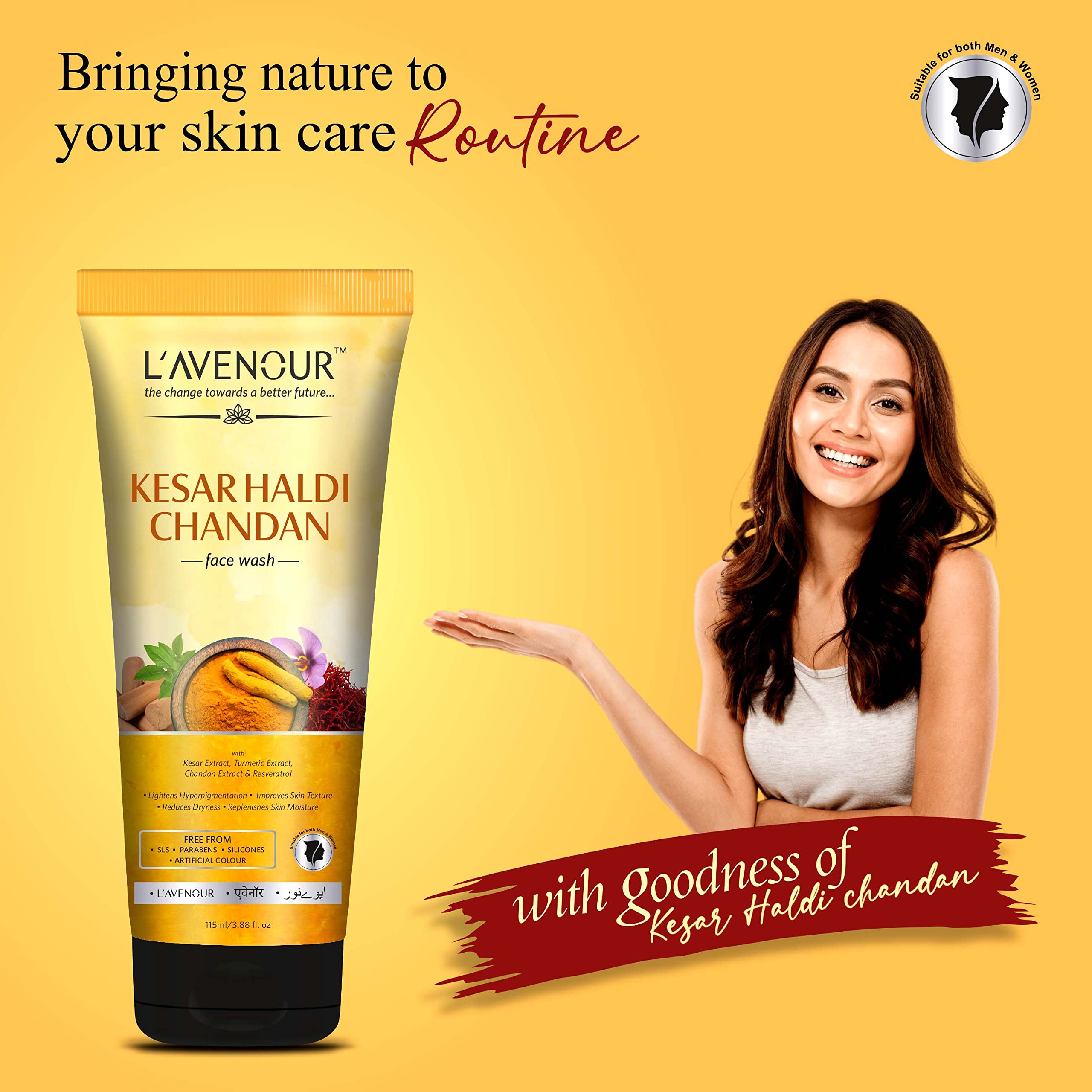 L'avenour Kesar Haldi Chandan Natural Ubtan Face Wash for Men & Women - Brightens Skin, Reduces Hyperpigmentation & Dryness | 115ml (3 Pack) | Perfect for Daily Skincare Routine & Glowing Complexion