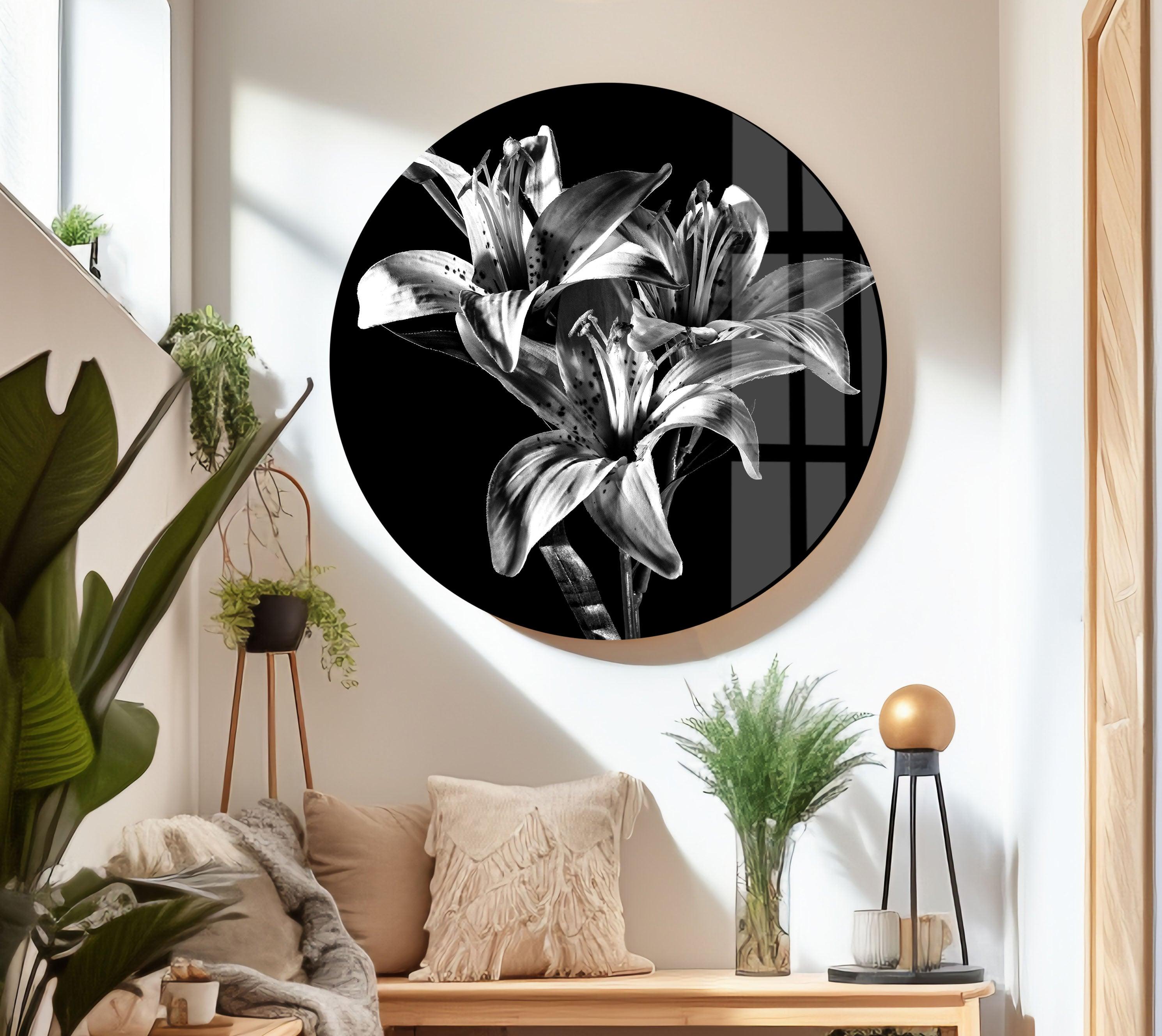 Black X-Ray Lily Flower Glass Wall Art - Elegant Home Decor for Living Room, Bedroom & Office - Perfect Gift for Housewarming, Wedding & Birthday