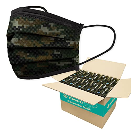 Medtecs Disposable Face Masks 50/2000 PCS - 3-Ply Breathable Protection for Adults - Comfortable Camo Green Design - Ideal for Work, Travel & Public Safety - 50 PCS/Box x40