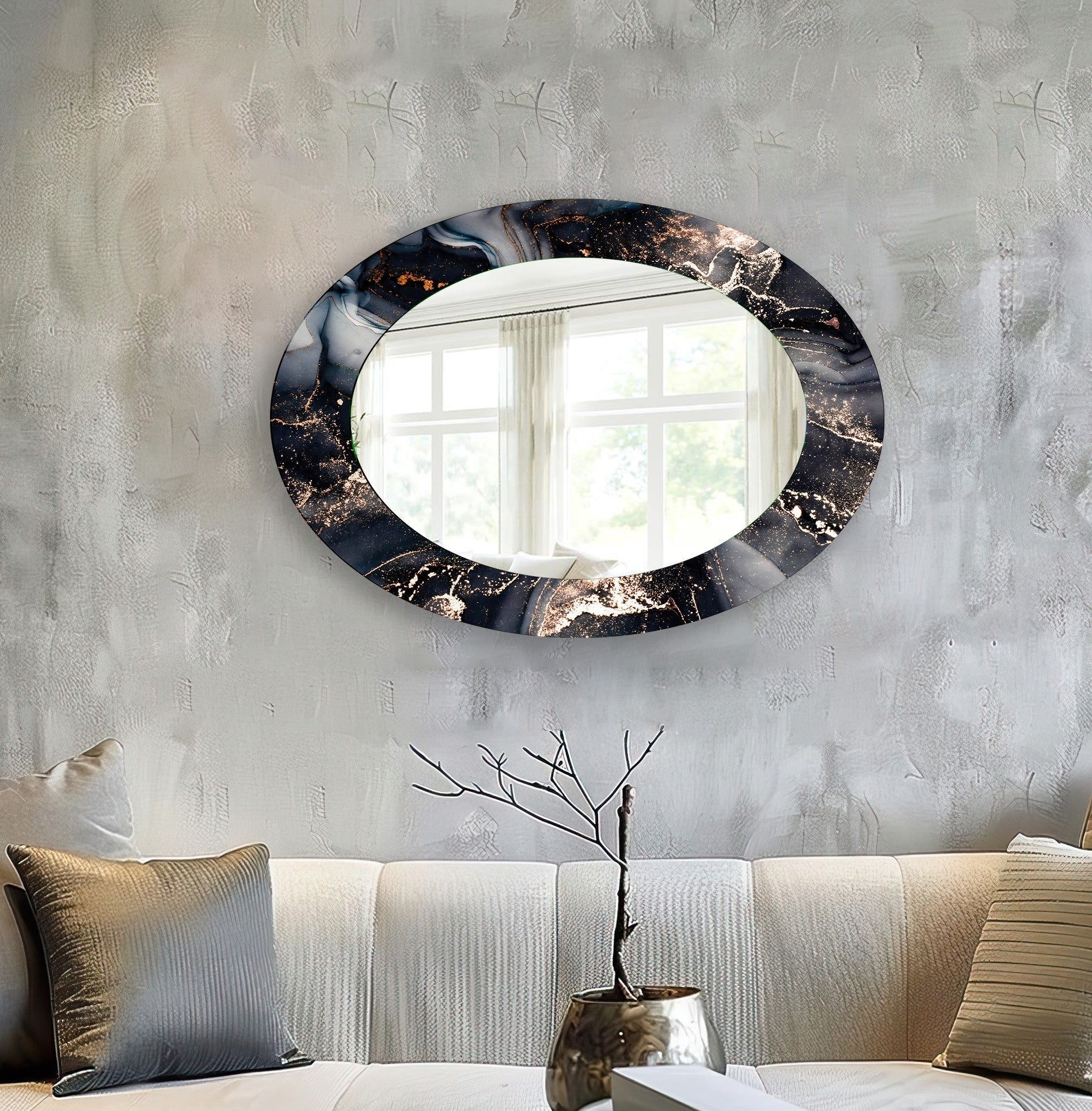 Stylish Asymmetrical Black Entryway Oval Wall Mirror - Modern Home Decor for Hallway, Living Room & Bedroom
