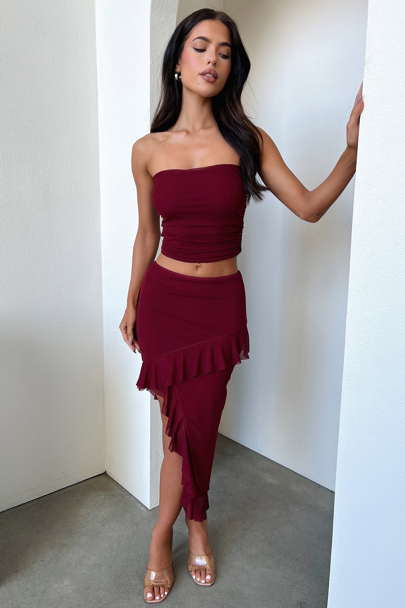 Stylish Cardona Skirt in Deep Red - Elegant A-Line Midi Skirt for Women | Perfect for Office, Date Night & Special Occasions
