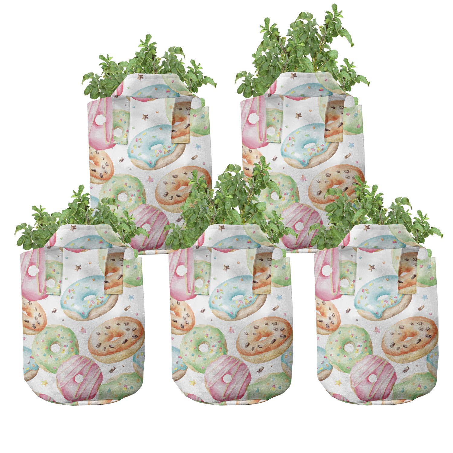 Ambesonne 5-Pack Watercolor Grow Bags - Heavy Duty Fabric Plant Pots with Handles, 7 Gallon, Multicolor Donut Design - Perfect for Indoor/Outdoor Gardening, Vegetables, Flowers & Herbs