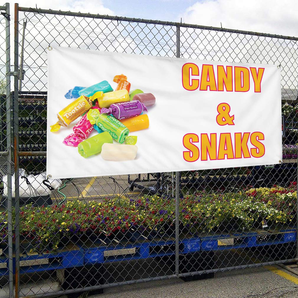 Custom Vinyl Banner 48x96 Inches - Weatherproof Outdoor Advertising Sign for Candy, Snacks & Beverage Promotion - White with 8 Grommets - Perfect for Retail Stores, Trade Shows & Yard Sales