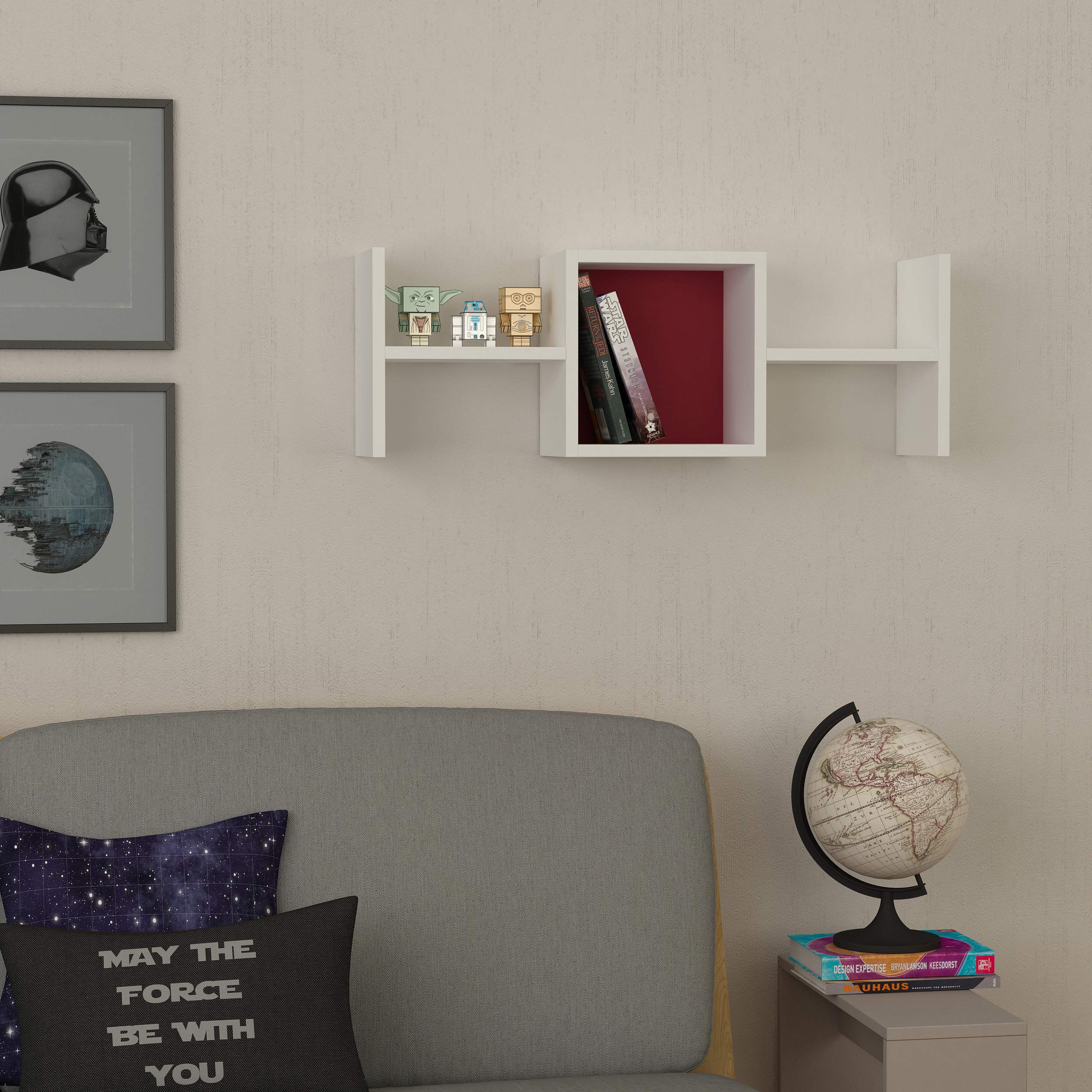 Modern White & Burgundy Wall Shelf - Home Decor Storage Unit for Living Room & Bedroom