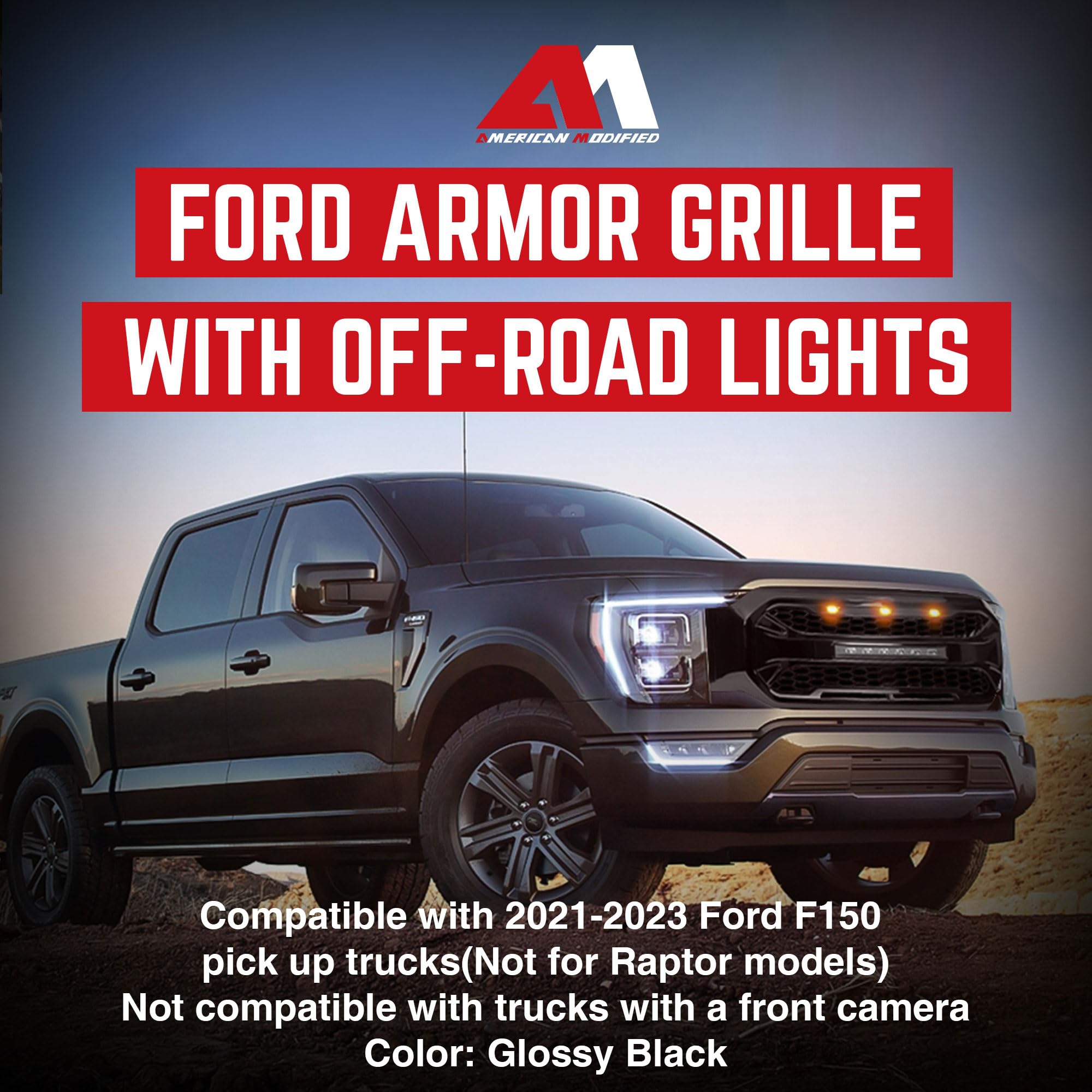 2021-2023 Ford F150 Aggressive Style Front Armor Grille with Off-Road LED Lights - Glossy Black | Heavy-Duty Protection & Enhanced Style for Off-Roading & Truck Customization