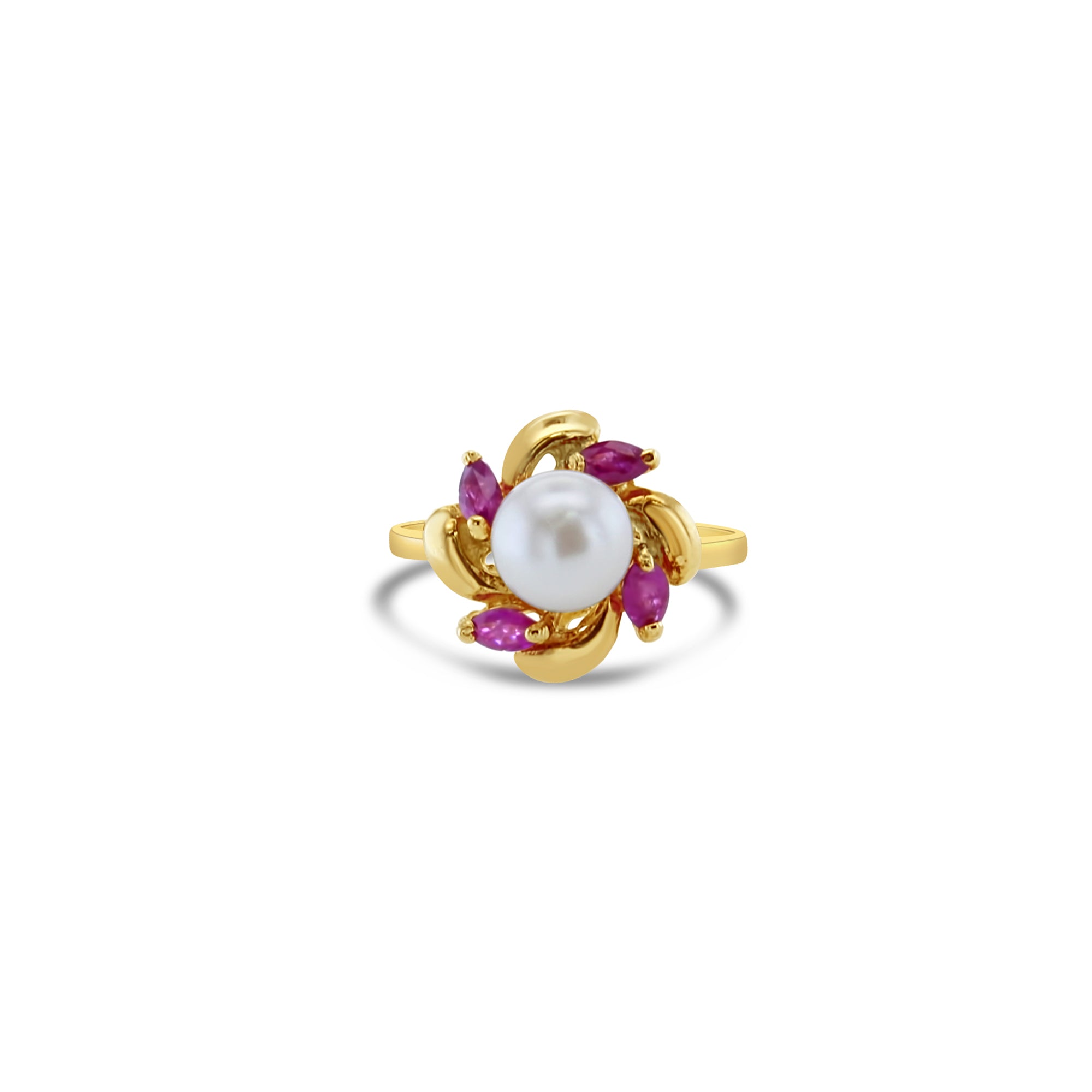 14K Yellow Gold Marquise Ruby and Pearl Accent Ring for Women - Elegant Jewelry Gift for Wedding, Anniversary, and Special Occasions