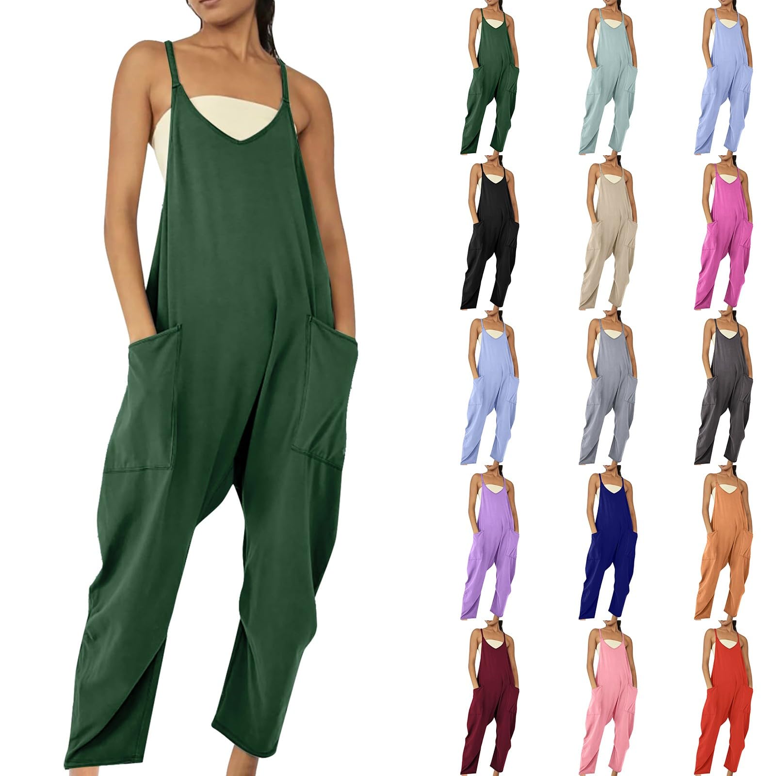 Best Sellers 2024 Women's V-Neck Sleeveless Loose Spaghetti Strap Romper - Baggy Jumpsuit with Pockets | Casual Summer Overalls for Women (Large, Gray) | Perfect for Beach Outings, Music Festivals & Everyday Comfort