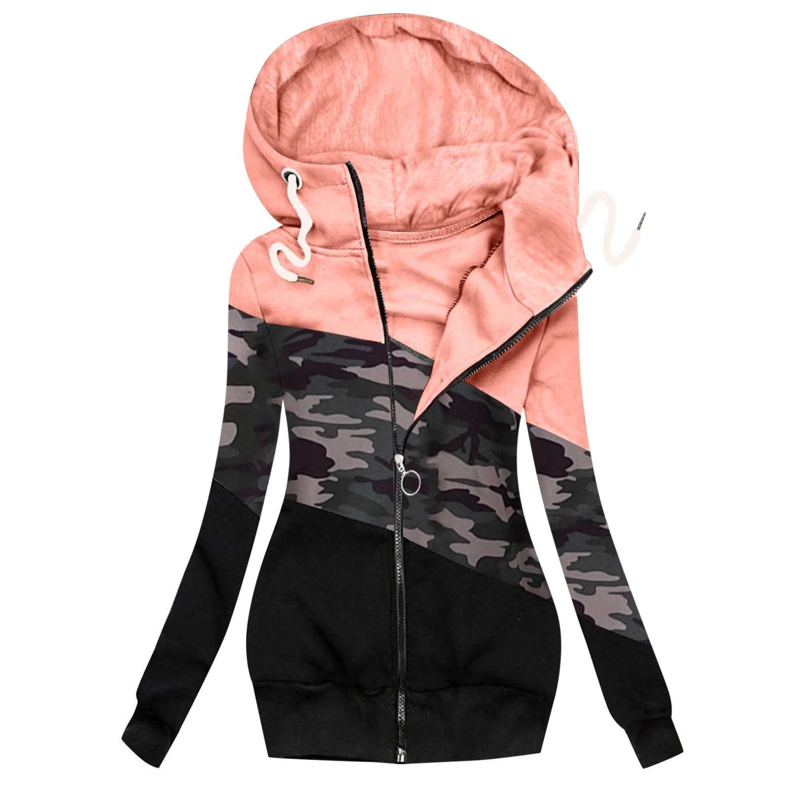 XTBFOOJ Women's Fleece Black Jacket - Long Sleeve Winter Coat, Casual Sweatshirt with Red & Blue Prints | Perfect for Outdoor Activities, Daily Wear & Cold Weather Fashion